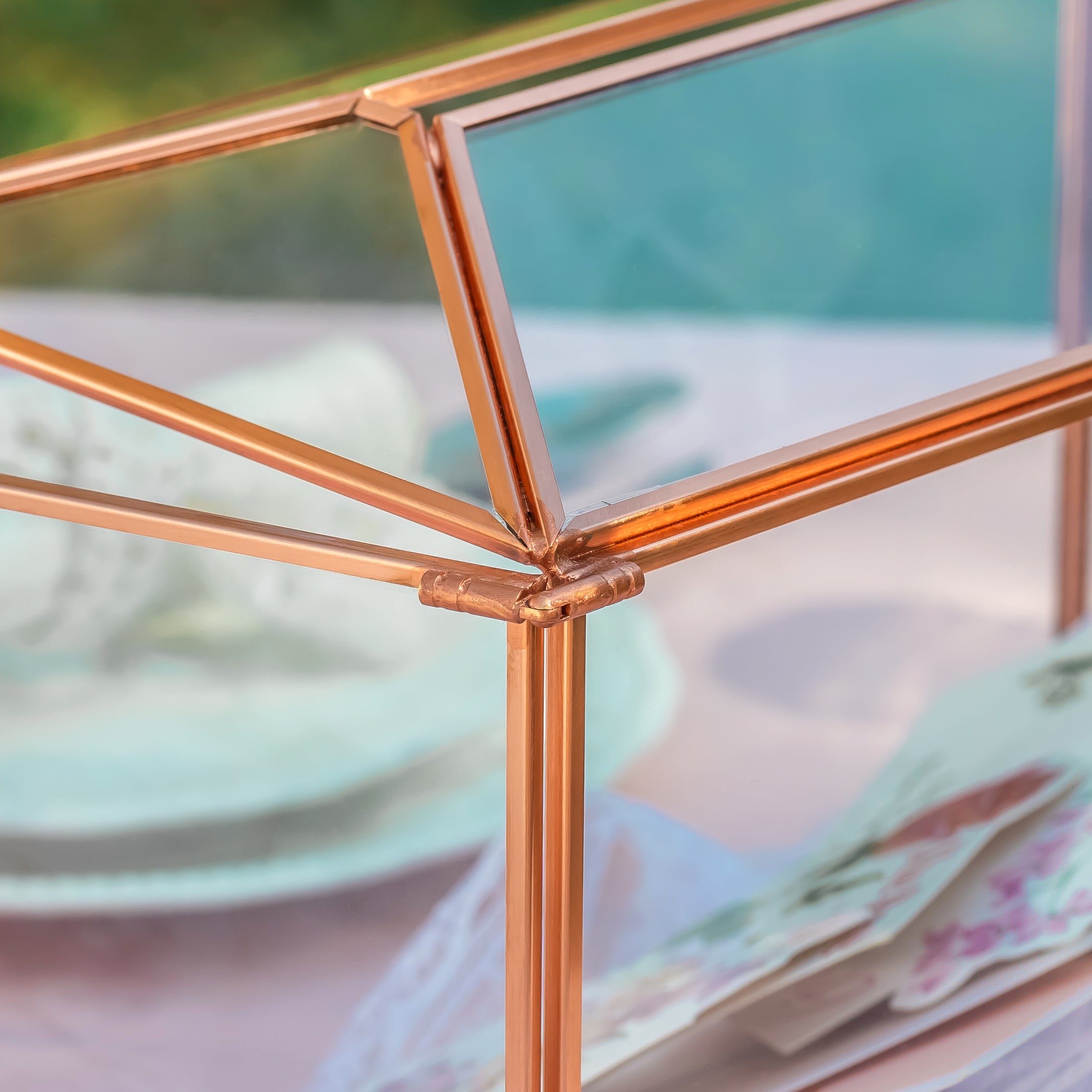 US Rose Gold Pink Pure Copper Standard Large Geometric Glass Card Box Terrarium with Slot, Lock, Handmade for Wedding Reception Wishwell - NCYPgarden