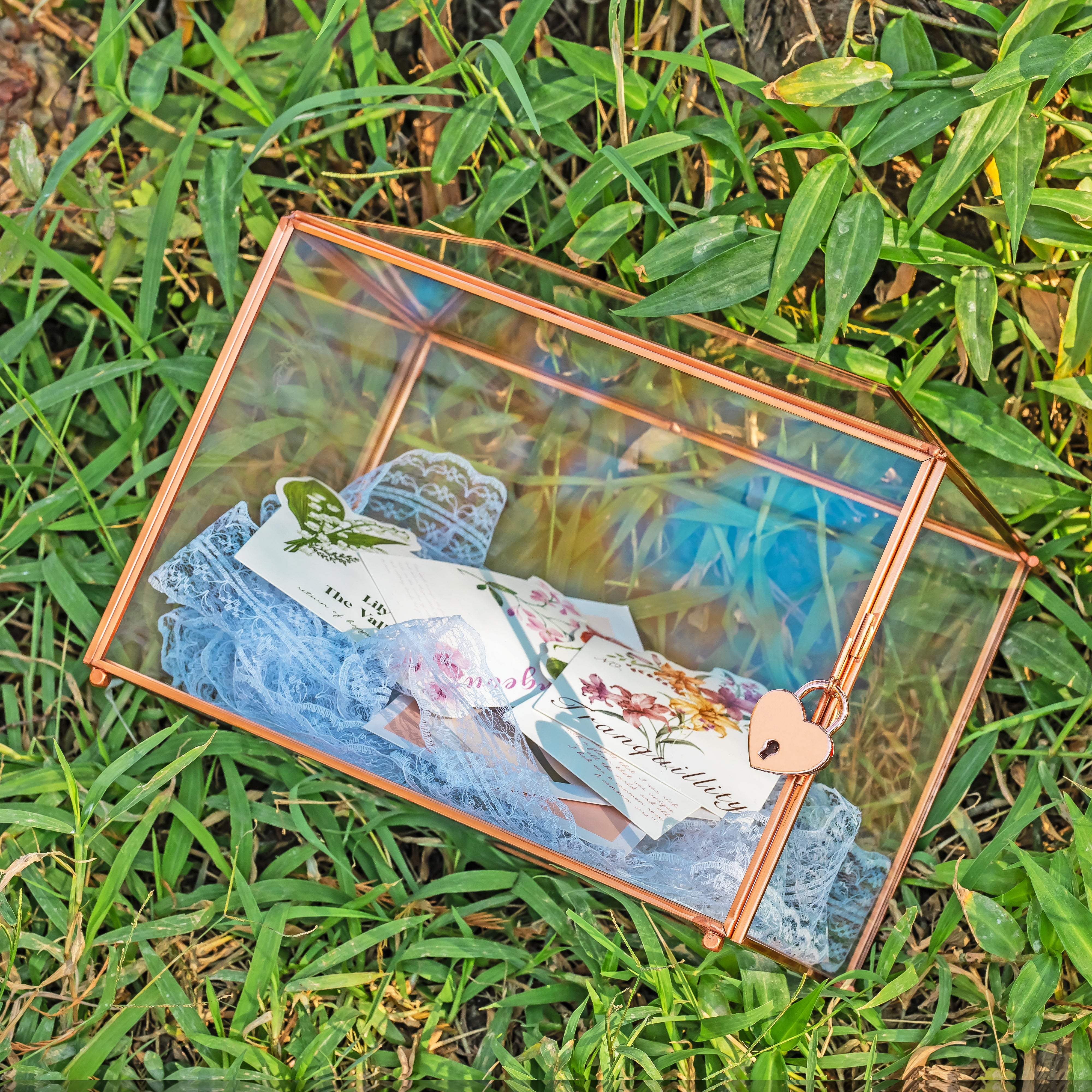 US Rose Gold Pink Pure Copper Standard Large Geometric Glass Card Box Terrarium with Slot, Lock, Handmade for Wedding Reception Wishwell - NCYPgarden