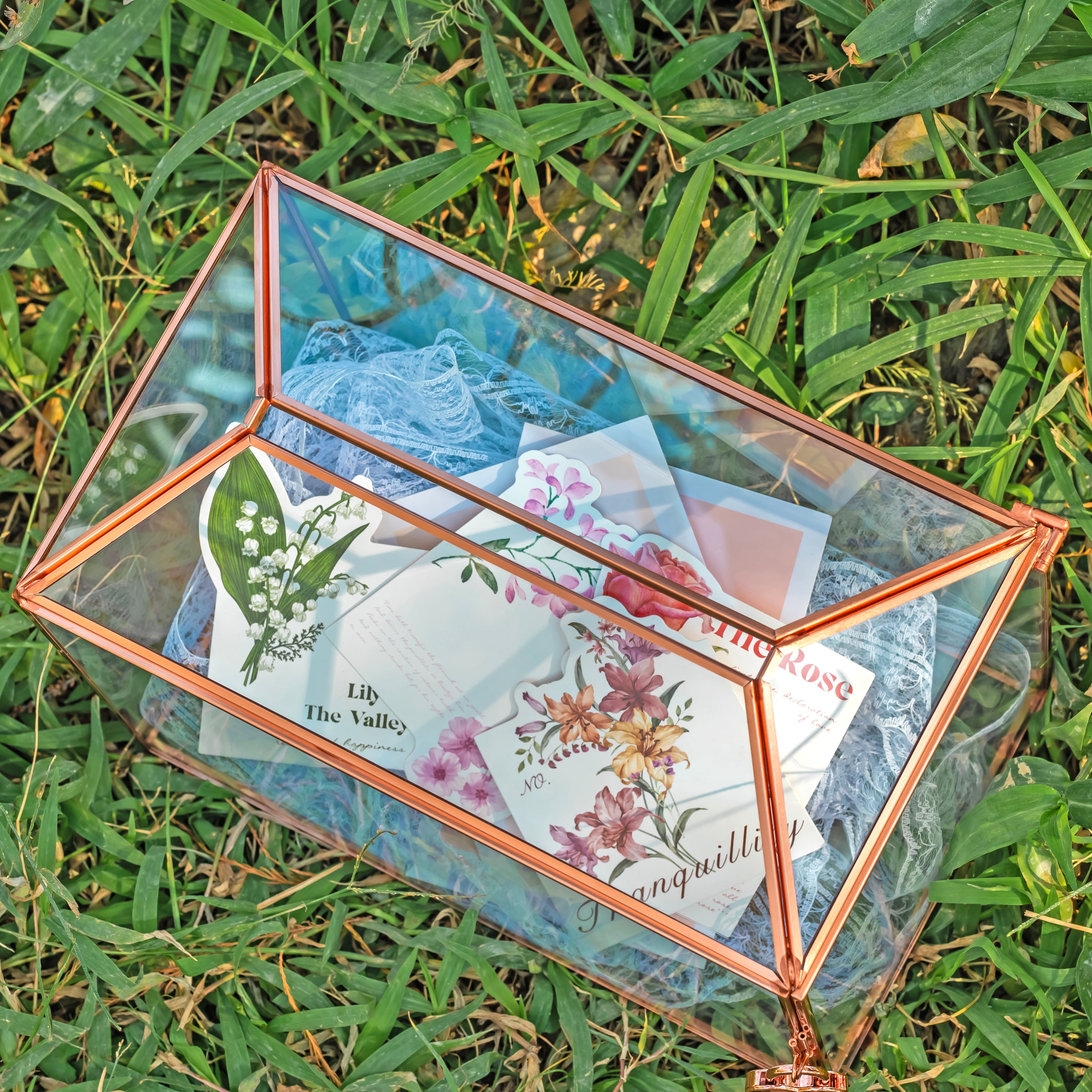 US Rose Gold Pink Pure Copper Standard Large Geometric Glass Card Box Terrarium with Slot, Lock, Handmade for Wedding Reception Wishwell - NCYPgarden