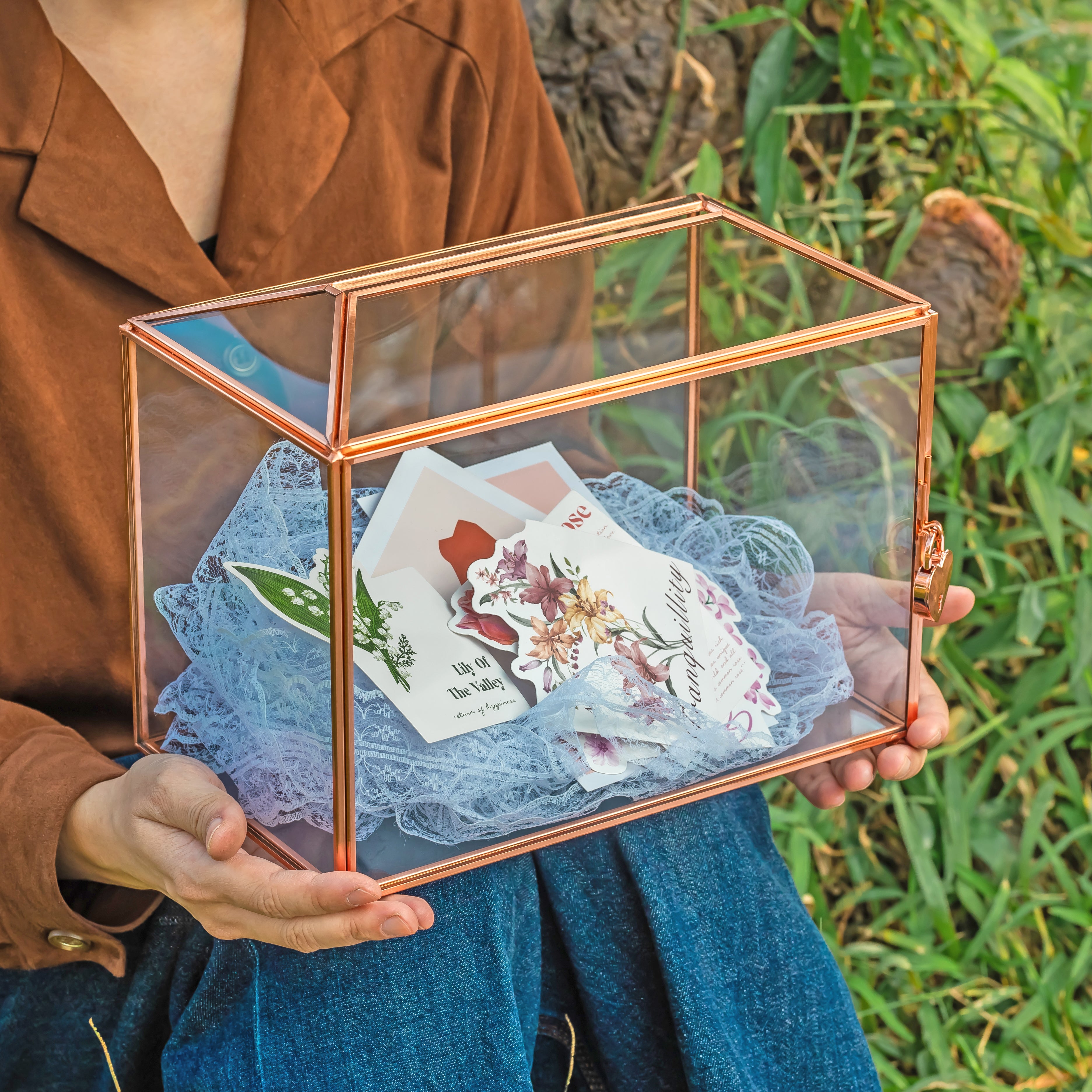 US Rose Gold Pink Pure Copper Standard Large Geometric Glass Card Box Terrarium with Slot, Lock, Handmade for Wedding Reception Wishwell - NCYPgarden