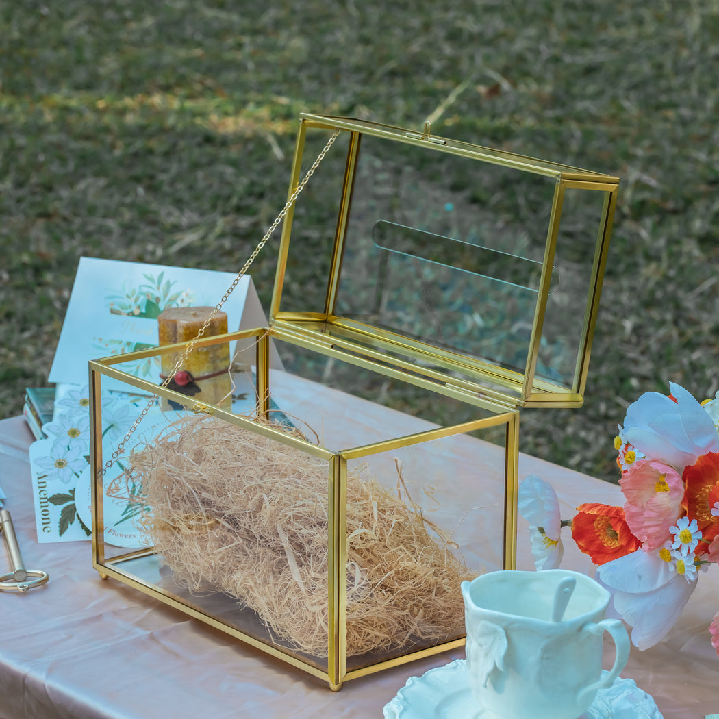 NCYP Wedding Card Box with Slot and Lock - 9.8x5.6x7.7 inches - Gold Glass Envelope Box with Lid for Birthday Party Reception - Vintage Rectangular Centerpiece Decoration Handmade (Glass Box Only) - NCYPgarden