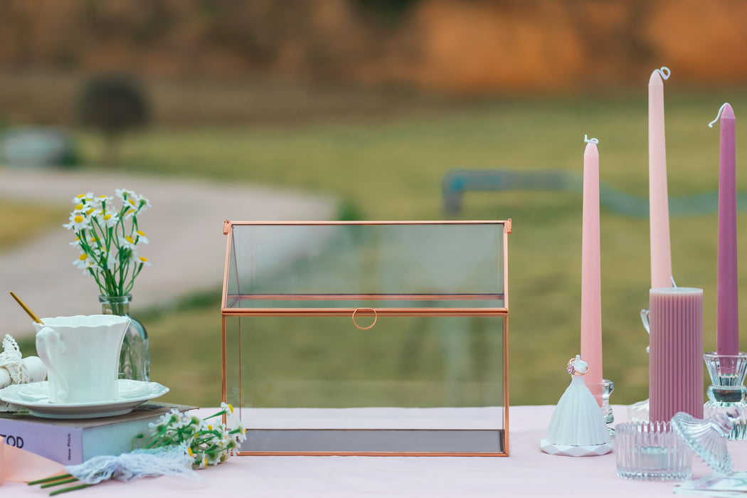 Geometric Glass Card Box Terrarium, Rose Gold, Pink House Shape Handmade, Pure Copper,for Wedding Reception, Wishwell, Keepsake Centerpiece - NCYPgarden
