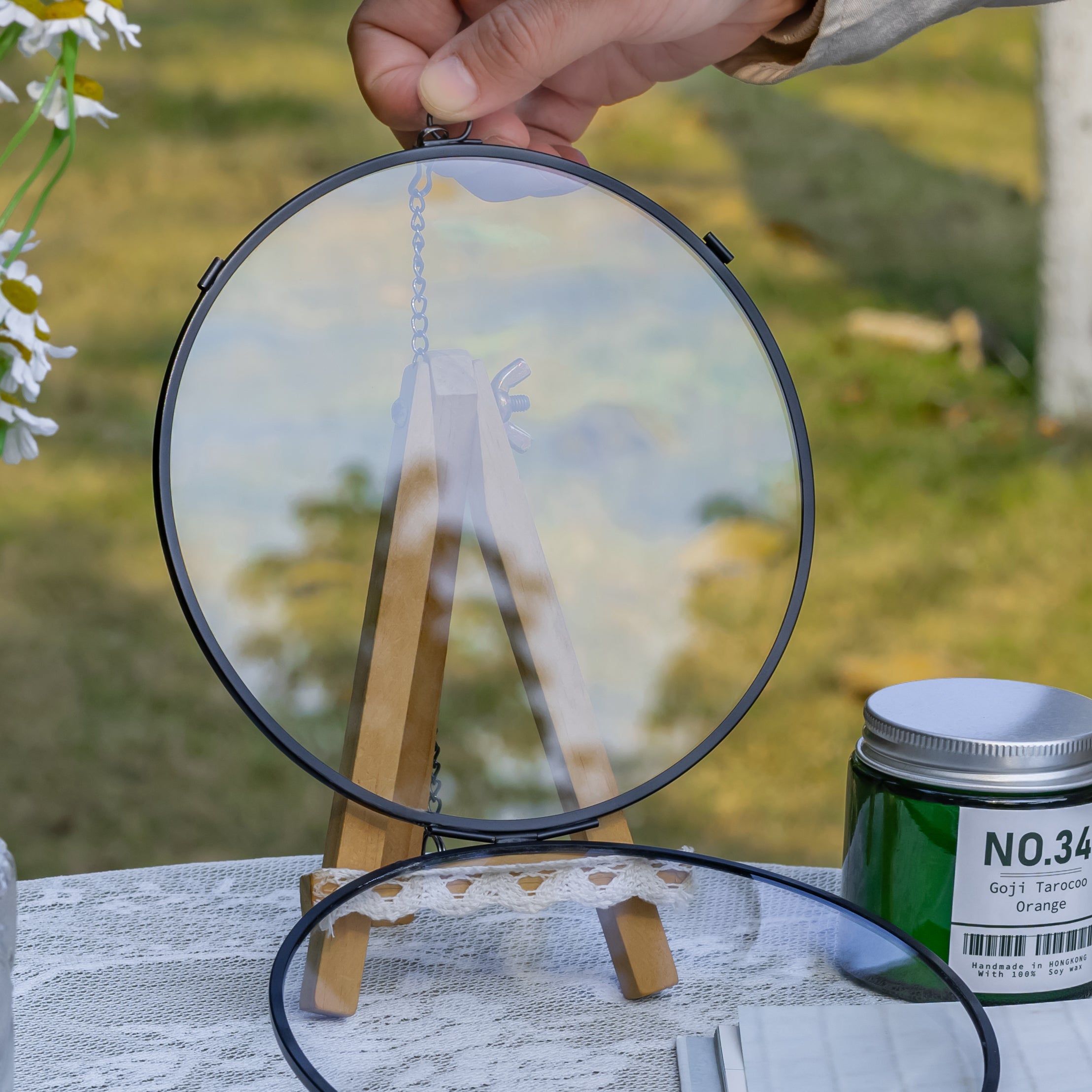 6" Black Wall Hanging RoundHerbarium Brass Glass Frame for Pressed Flowers, Poster, Double Glass, floating Frame - NCYPgarden