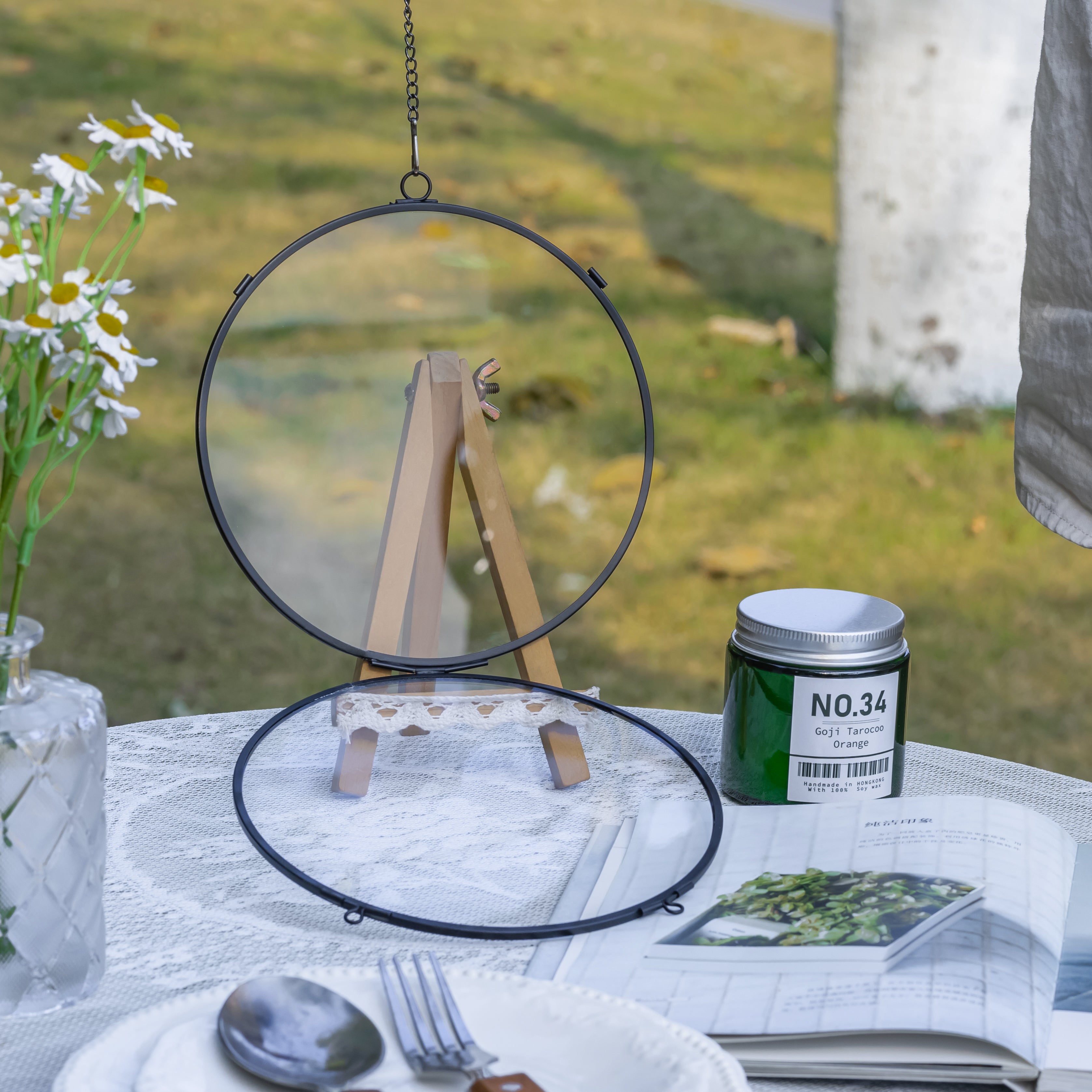 6" Black Wall Hanging RoundHerbarium Brass Glass Frame for Pressed Flowers, Poster, Double Glass, floating Frame - NCYPgarden