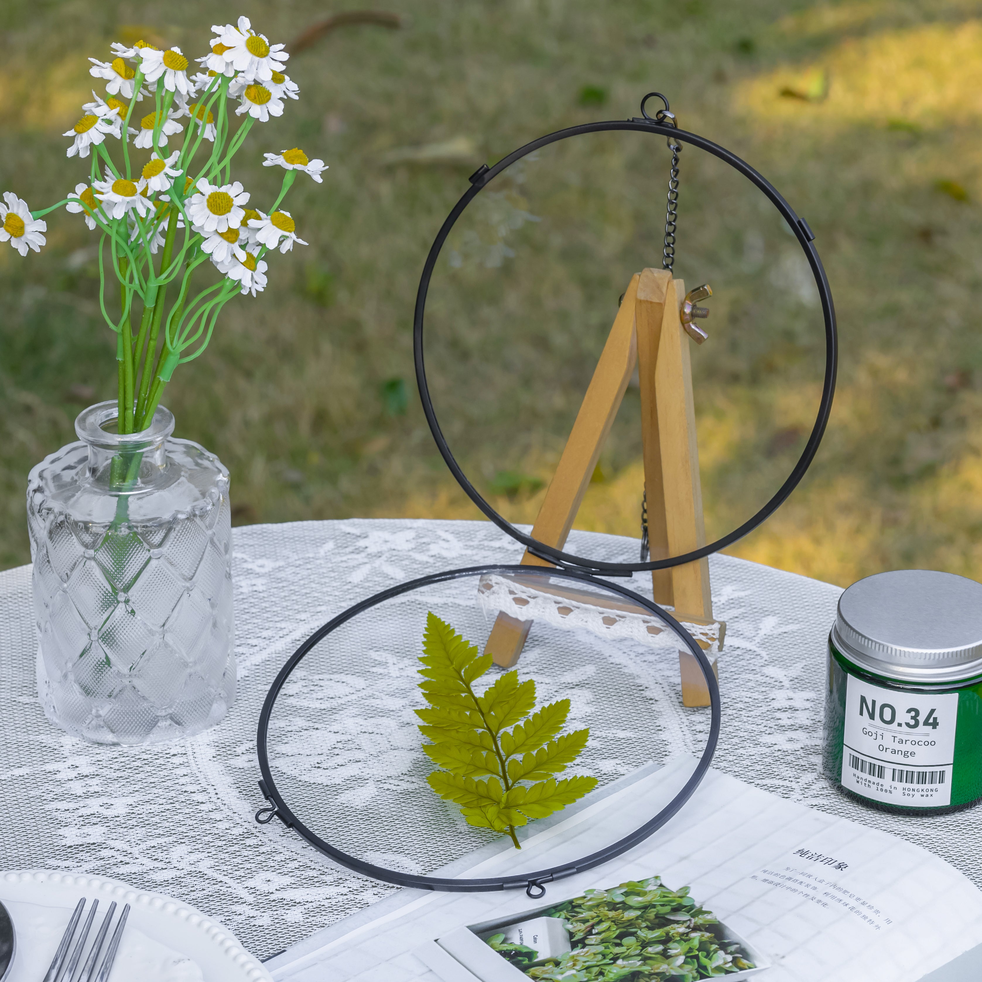 6" Black Wall Hanging RoundHerbarium Brass Glass Frame for Pressed Flowers, Poster, Double Glass, floating Frame - NCYPgarden