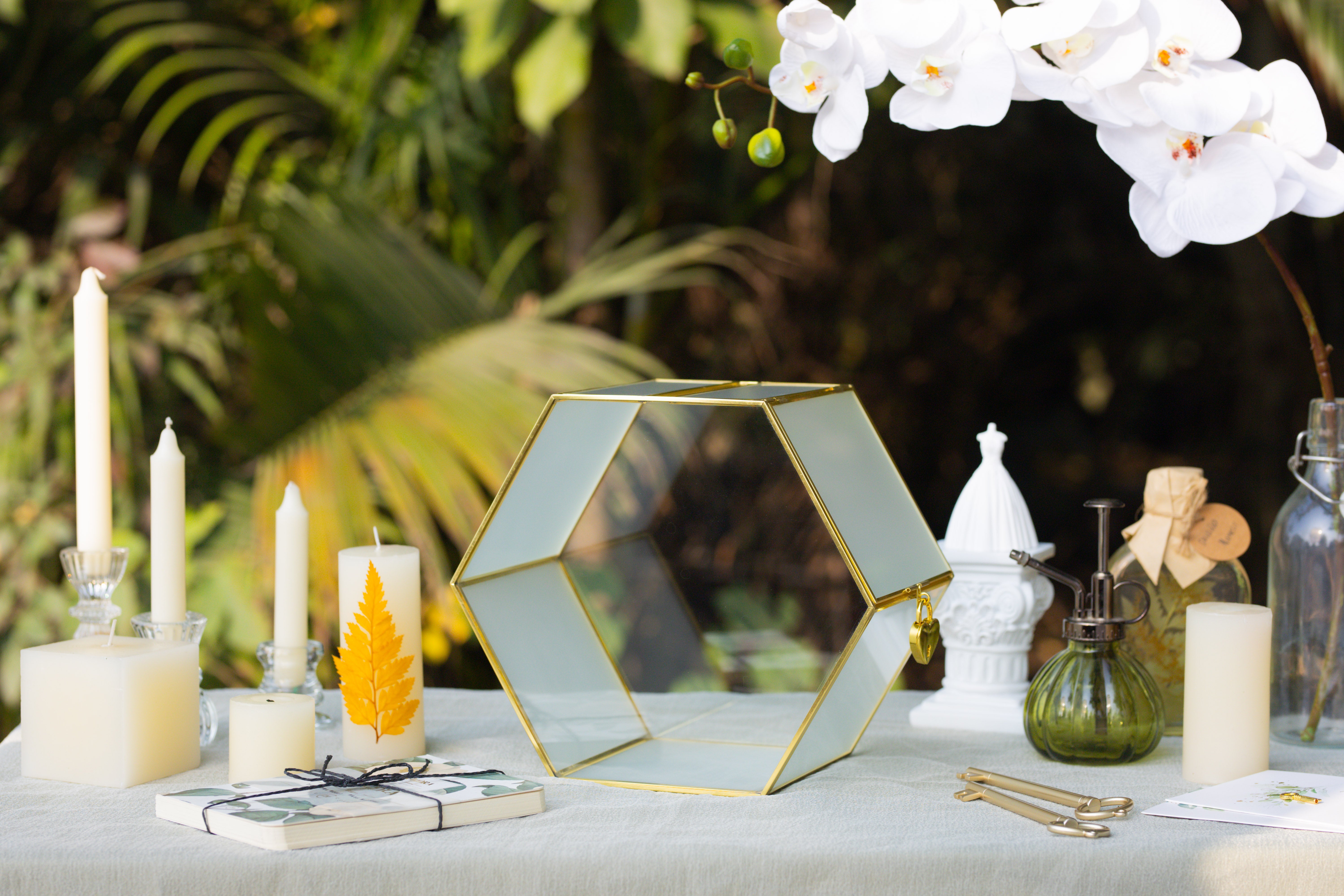 Hexagon Gold Brass and Glass Card box, Lockable, with slot for wedding, wishwell, babyshower - NCYPgarden