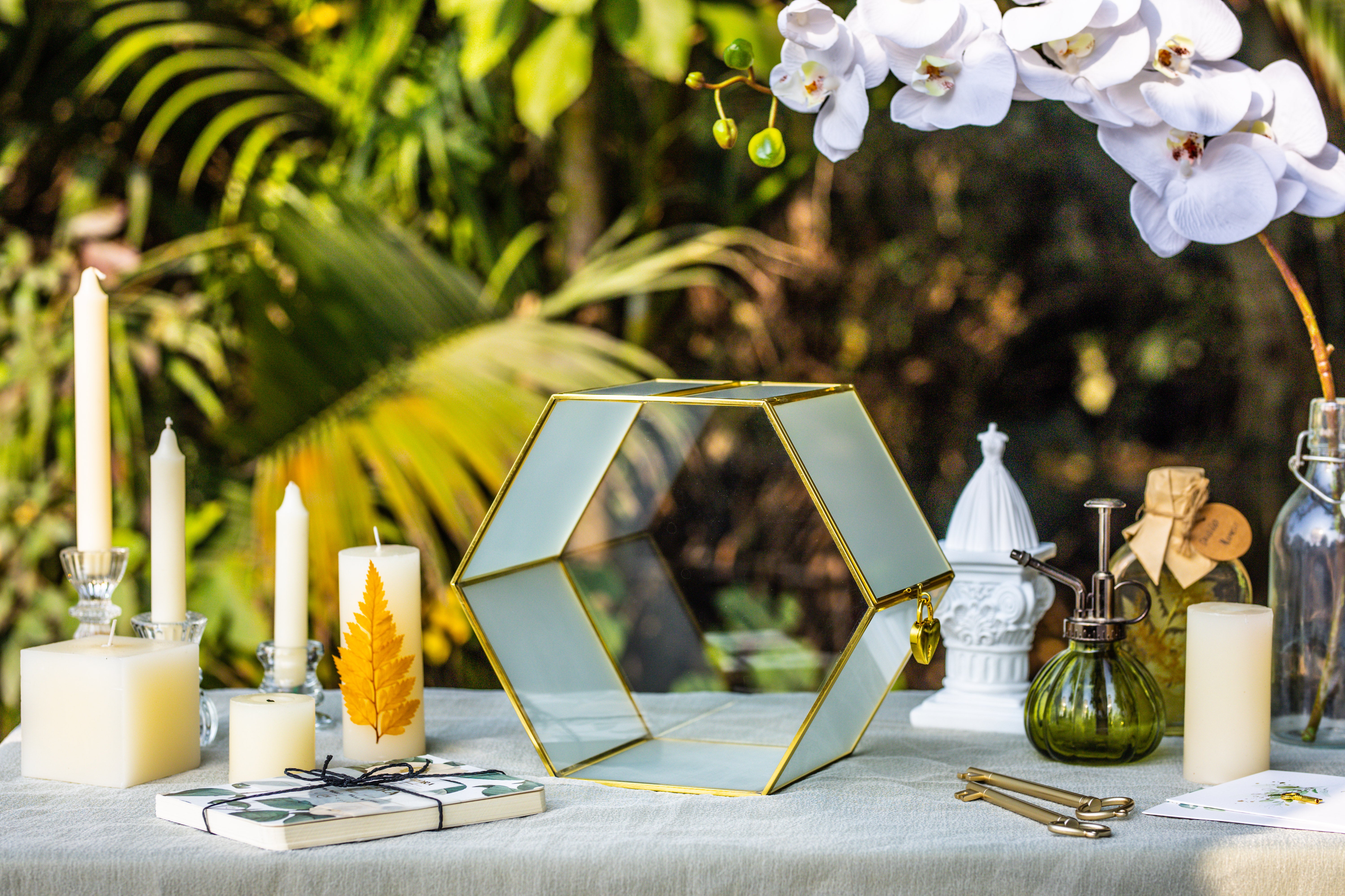 Hexagon Gold Brass and Glass Card box, Lockable, with slot for wedding, wishwell, babyshower - NCYPgarden