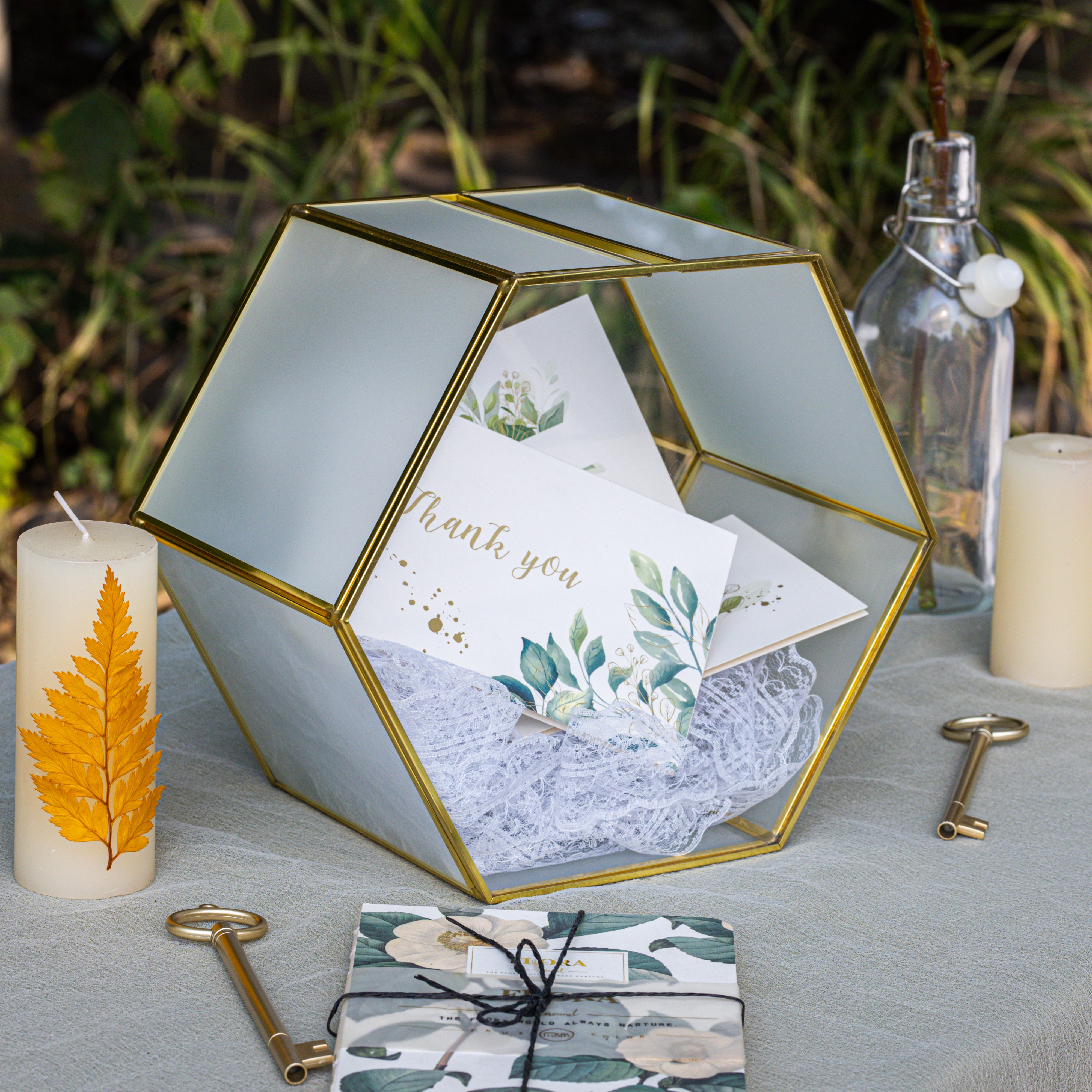 Hexagon Gold Brass and Glass Card box, Lockable, with slot for wedding, wishwell, babyshower - NCYPgarden