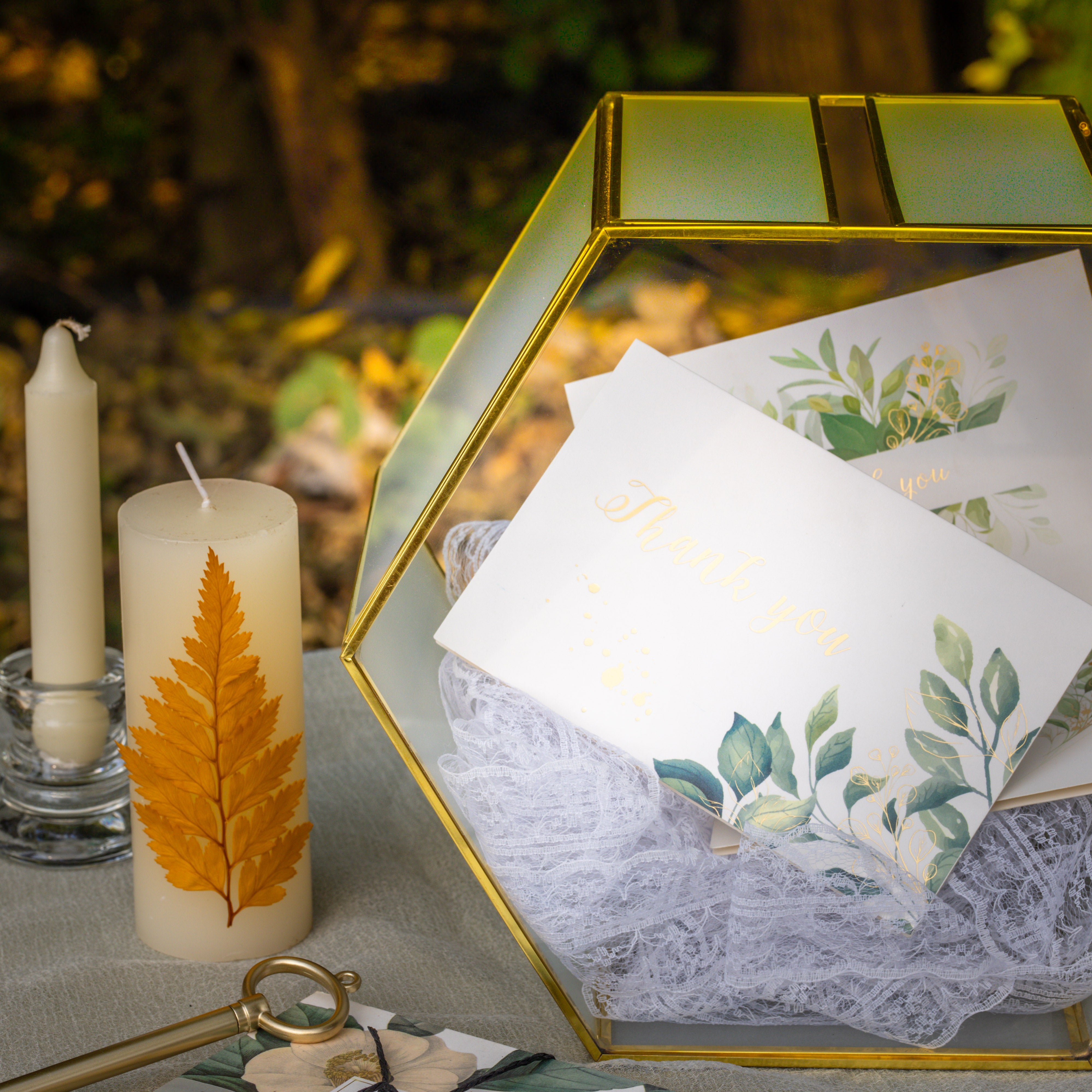 Hexagon Gold Brass and Glass Card box, Lockable, with slot for wedding, wishwell, babyshower - NCYPgarden