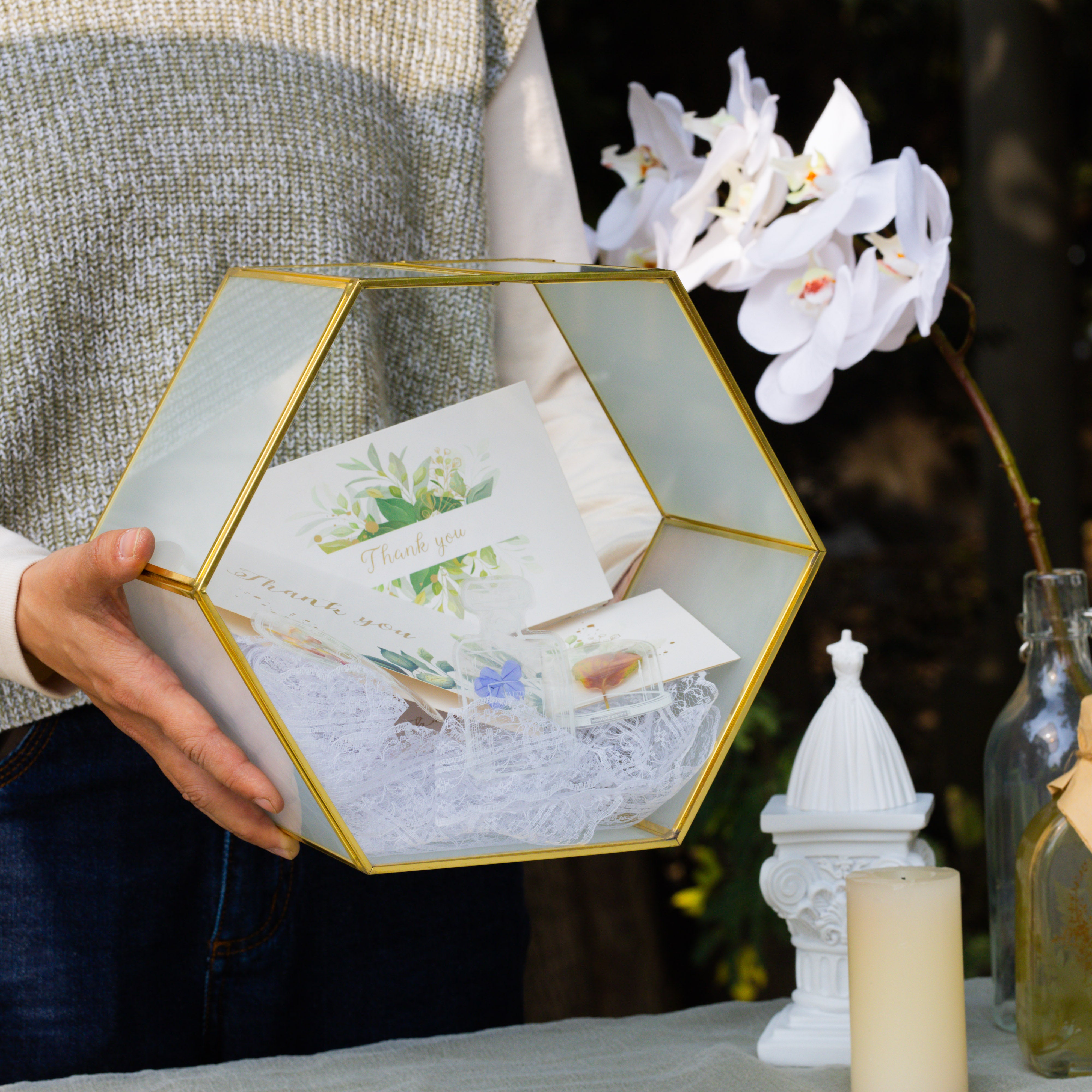 Hexagon Gold Brass and Glass Card box, Lockable, with slot for wedding, wishwell, babyshower - NCYPgarden