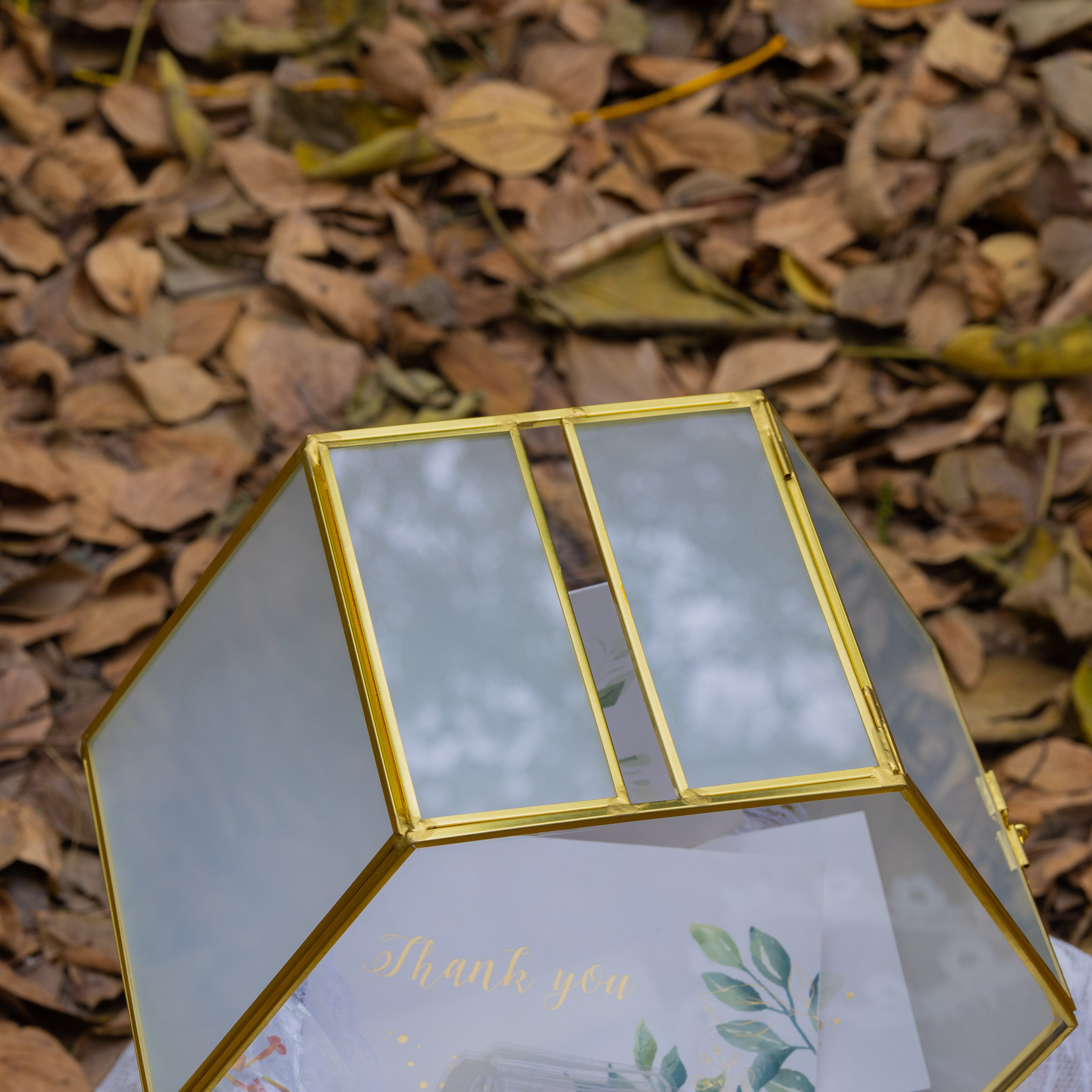 Hexagon Gold Brass and Glass Card box, Lockable, with slot for wedding, wishwell, babyshower - NCYPgarden