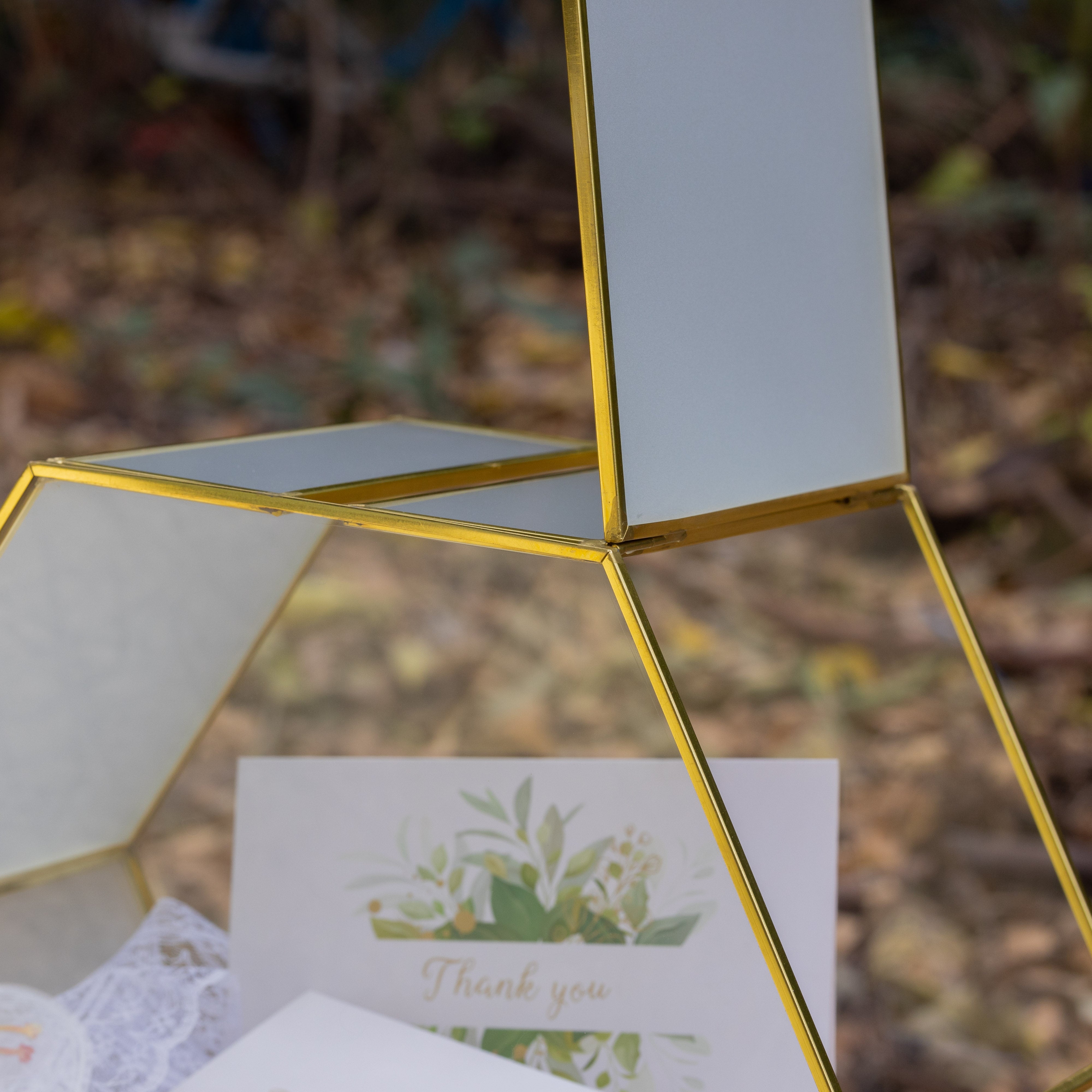 Hexagon Gold Brass and Glass Card box, Lockable, with slot for wedding, wishwell, babyshower - NCYPgarden