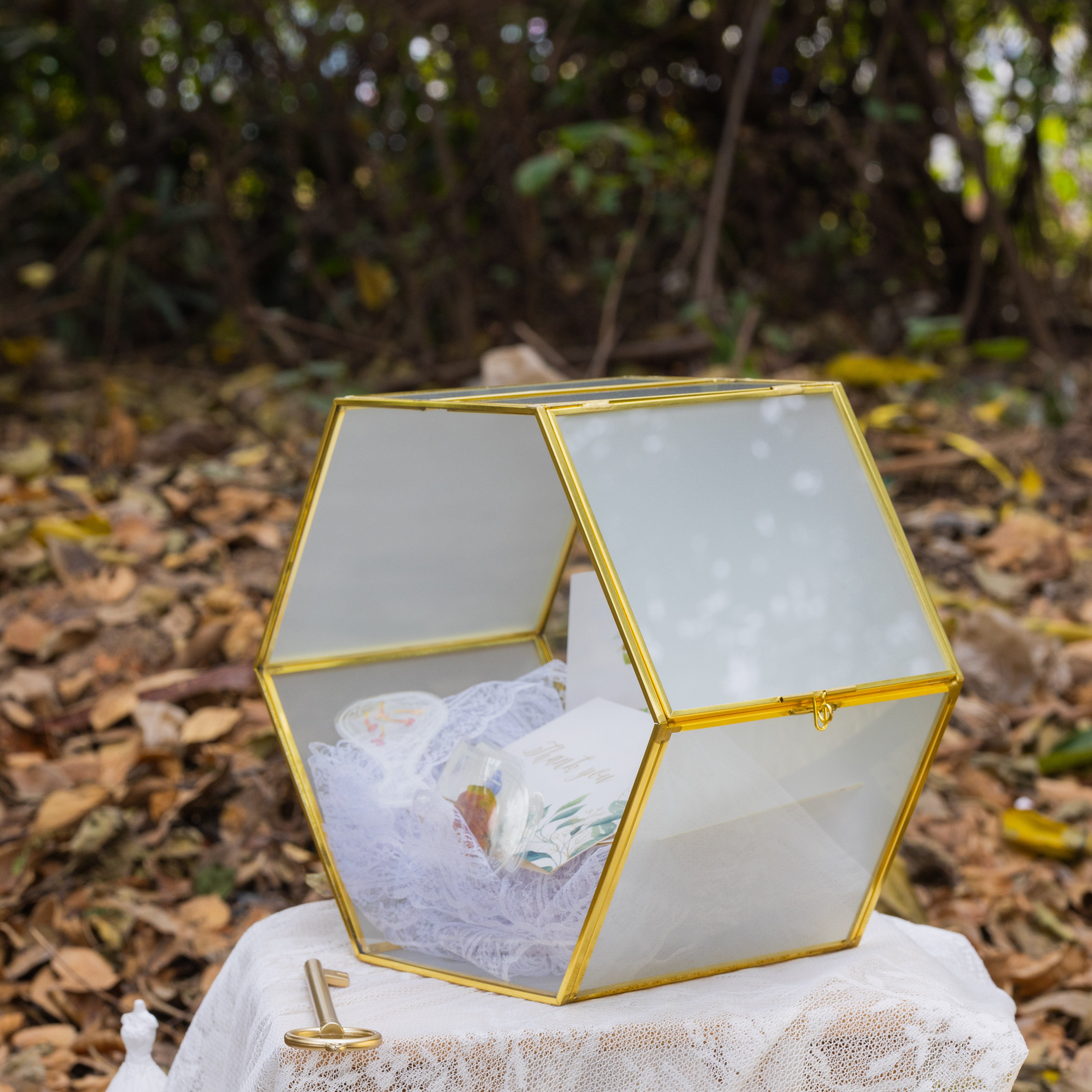 Hexagon Gold Brass and Glass Card box, Lockable, with slot for wedding, wishwell, babyshower - NCYPgarden