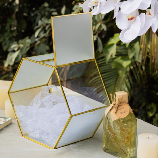 Hexagon Gold Brass and Glass Card box, Lockable, with slot for wedding, wishwell, babyshower - NCYPgarden