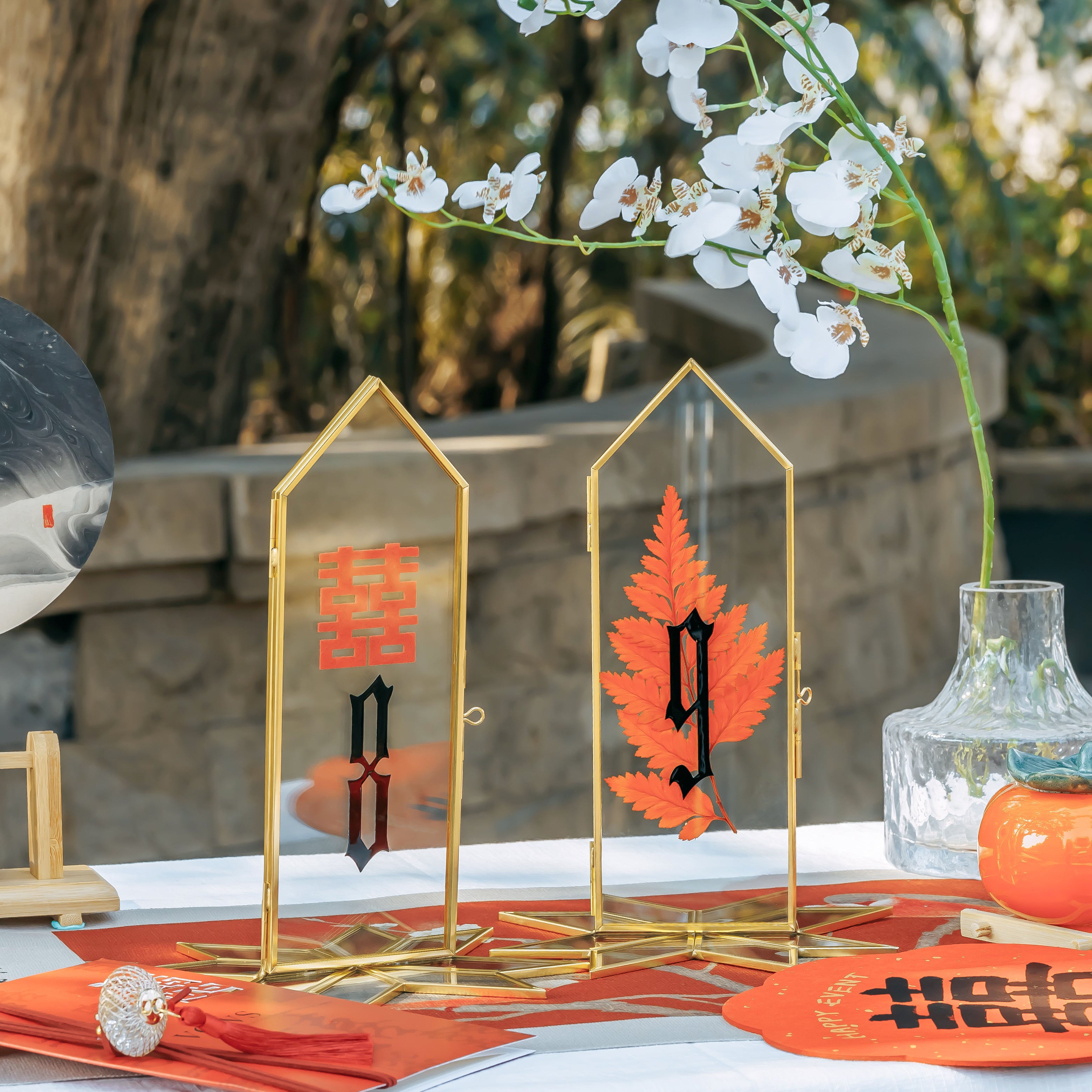 Geometric Gardenia Garden Gold Glass and Brass Wedding Table Number Holder, pressed flower frame - NCYPgarden