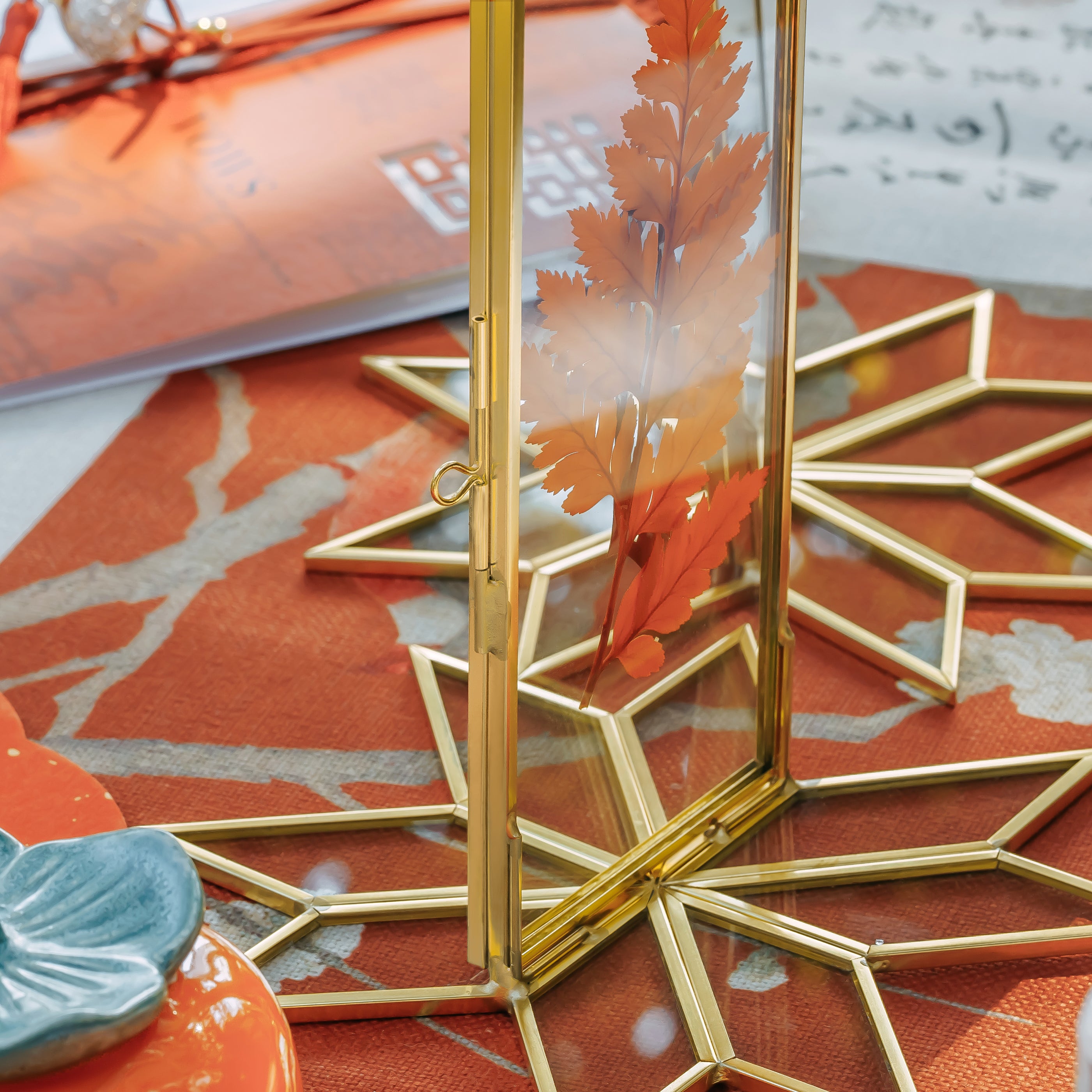 Geometric Gardenia Garden Gold Glass and Brass Wedding Table Number Holder, pressed flower frame - NCYPgarden