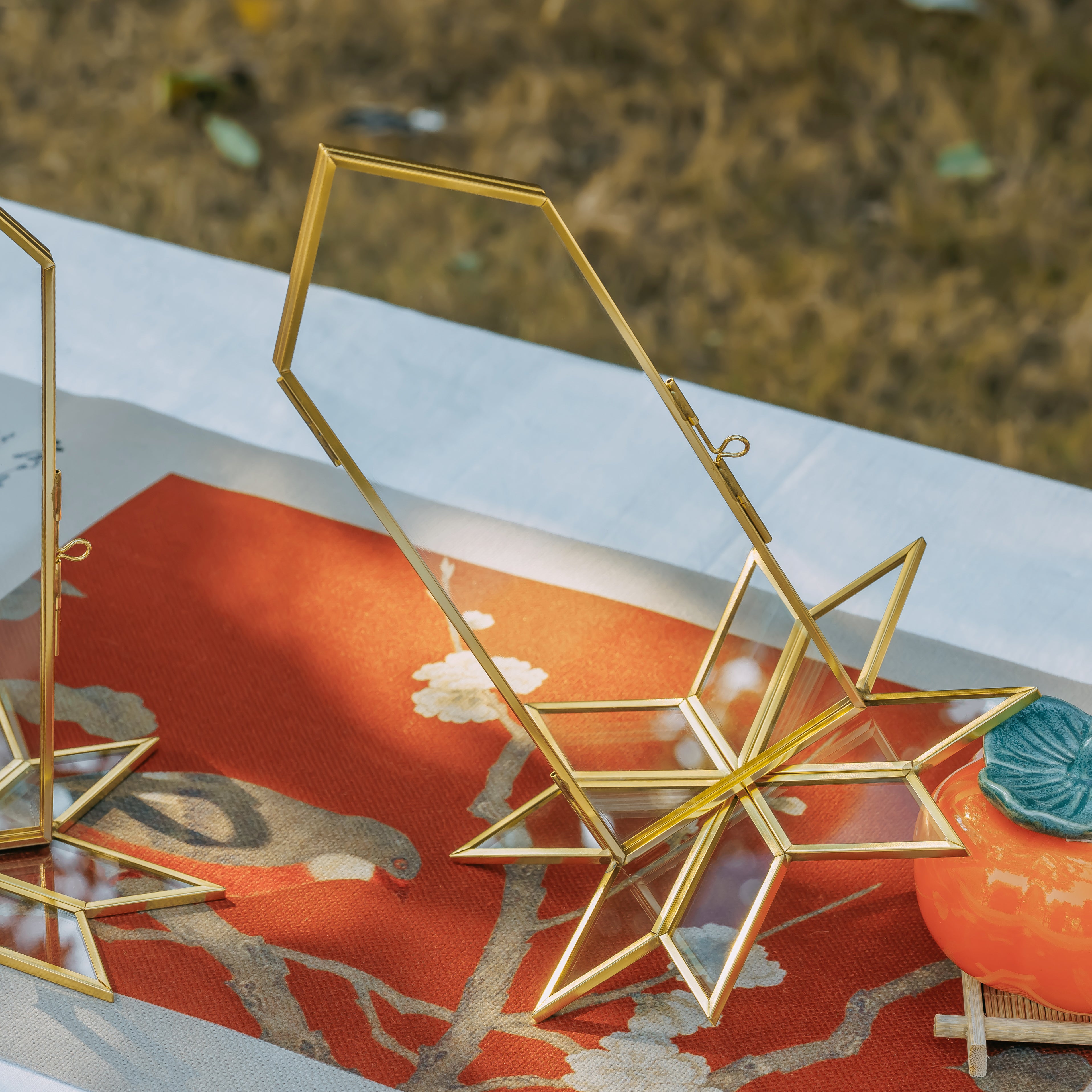 Geometric Gardenia Garden Gold Glass and Brass Wedding Table Number Holder, pressed flower frame - NCYPgarden