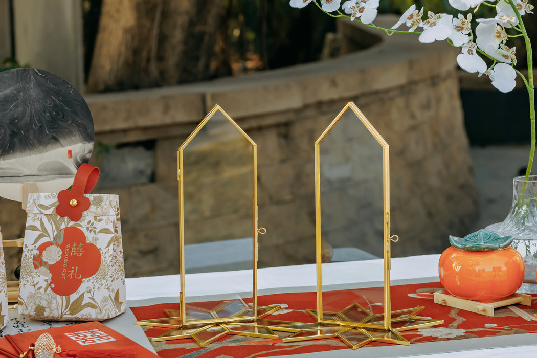 Geometric Gardenia Garden Gold Glass and Brass Wedding Table Number Holder, pressed flower frame - NCYPgarden