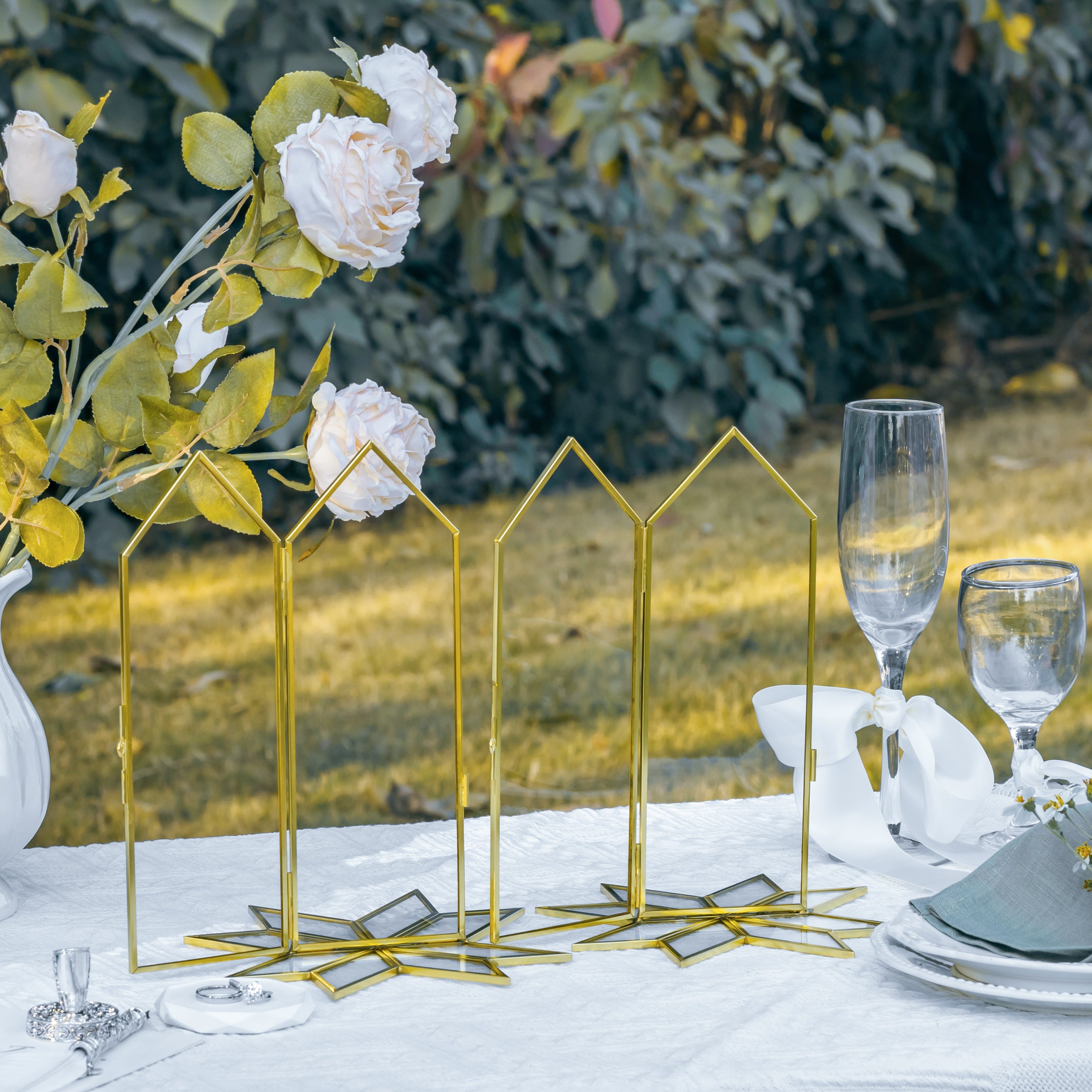 Geometric Gardenia Garden Gold Glass and Brass Wedding Table Number Holder, pressed flower frame - NCYPgarden