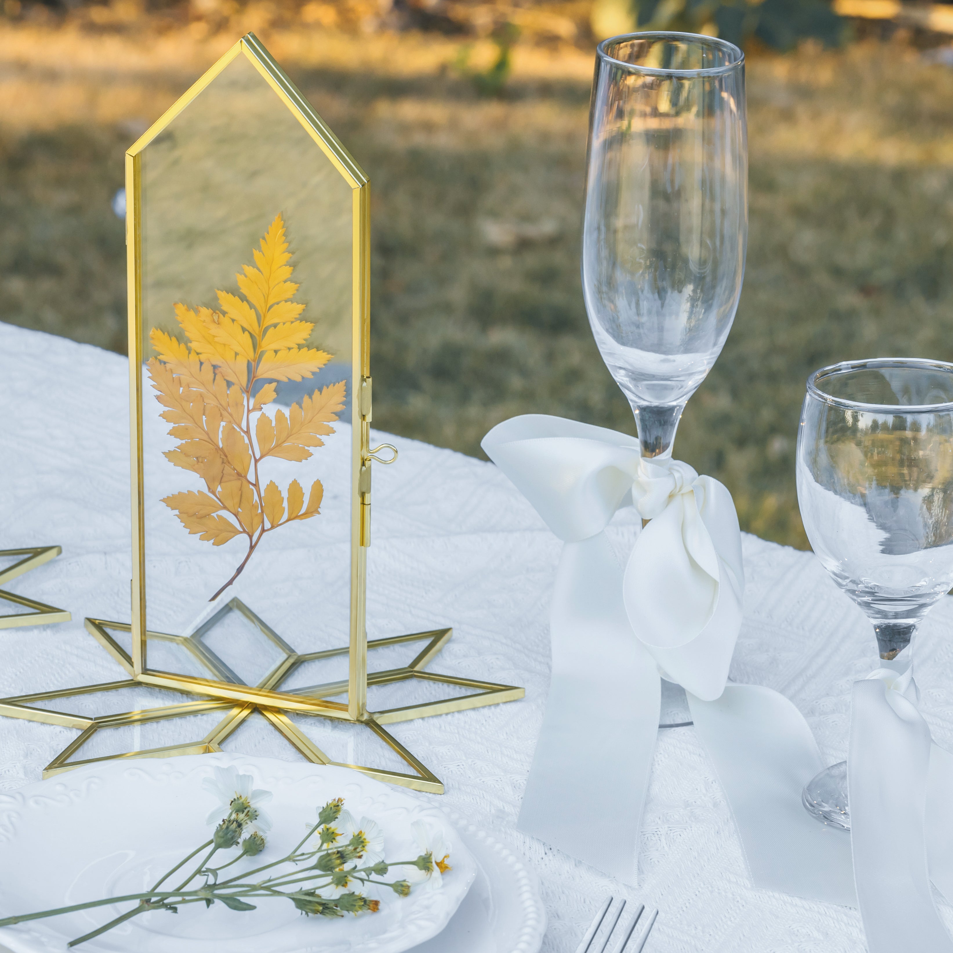 Geometric Gardenia Garden Gold Glass and Brass Wedding Table Number Holder, pressed flower frame - NCYPgarden