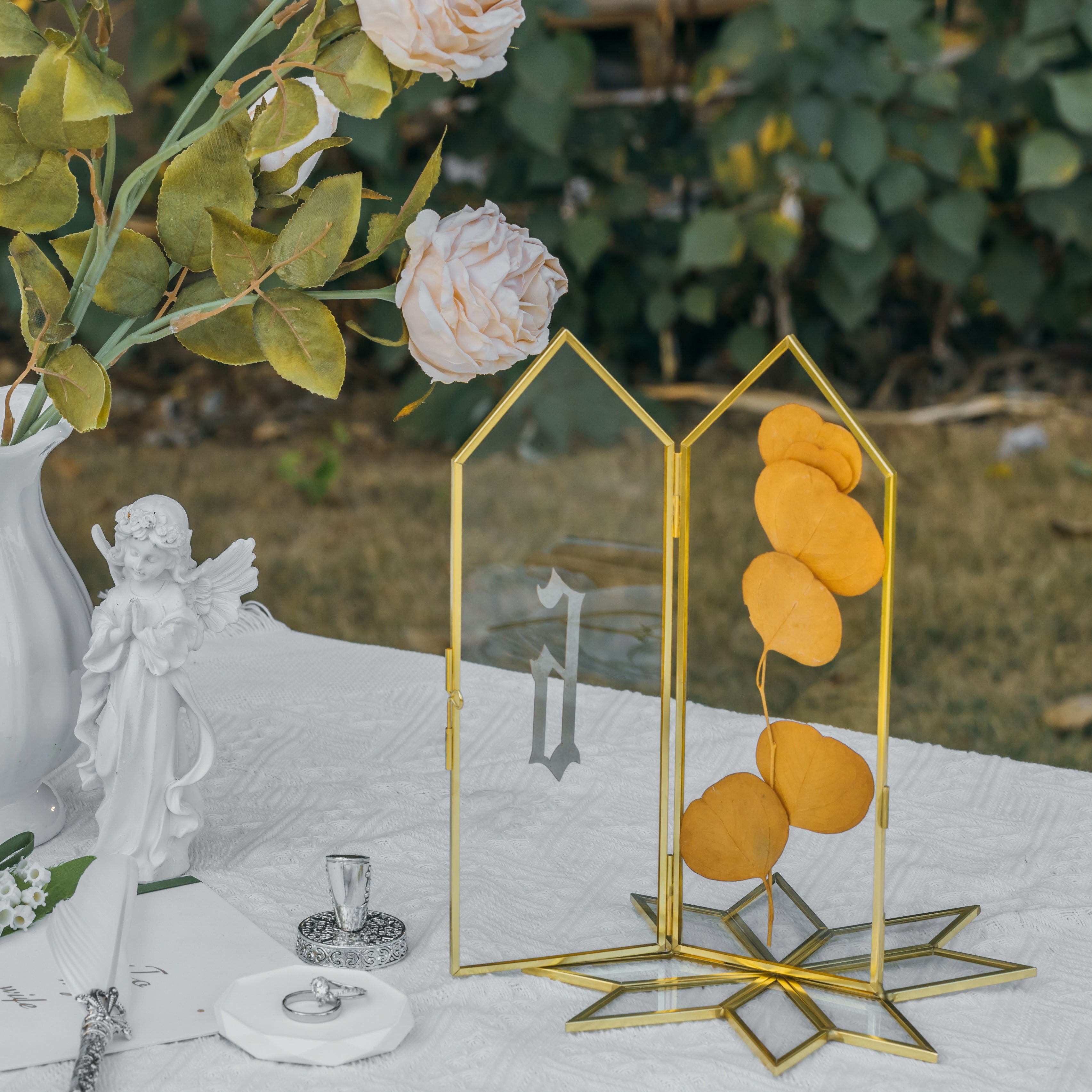 Geometric Gardenia Garden Gold Glass and Brass Wedding Table Number Holder, pressed flower frame - NCYPgarden