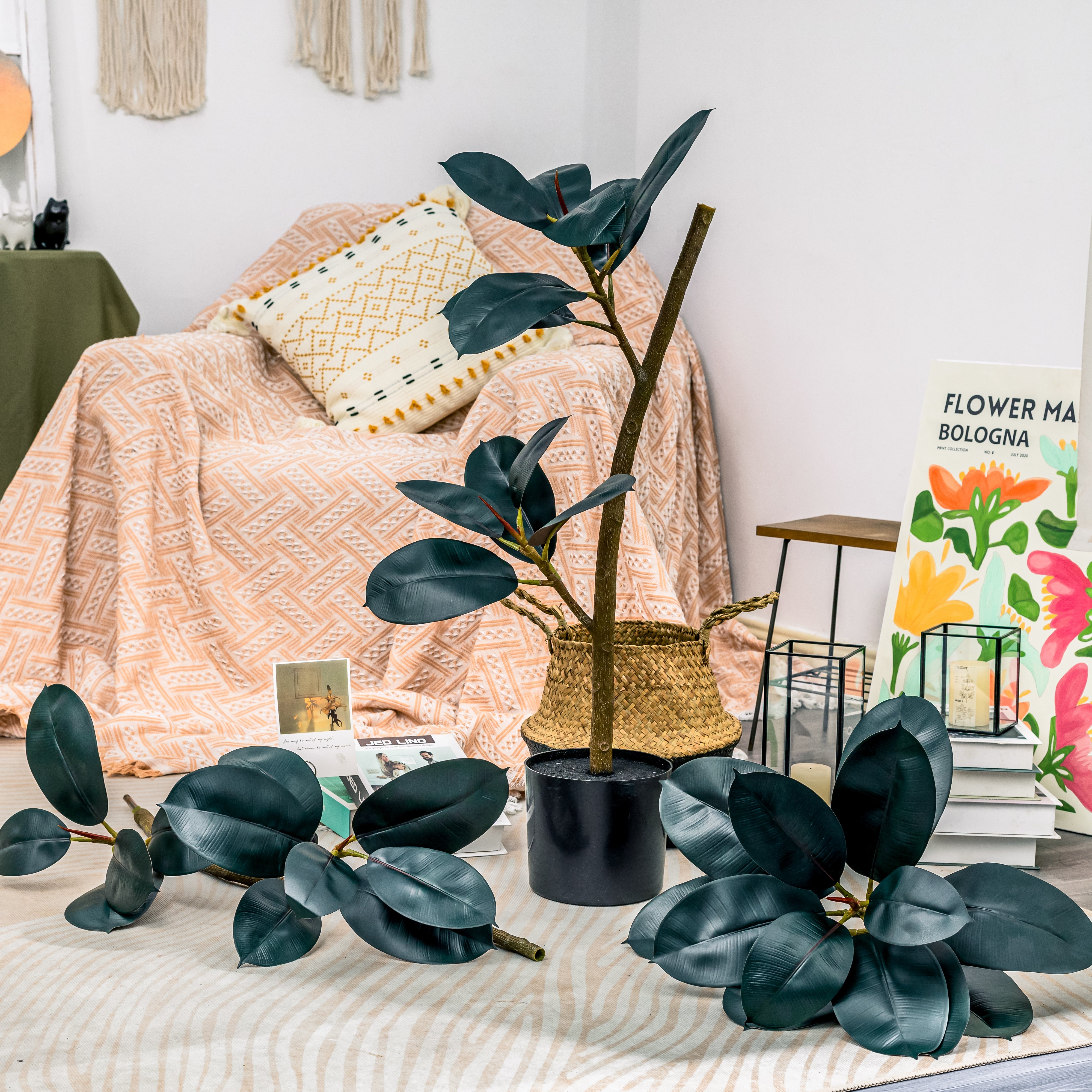 NCYP Artificial Rubber Tree, Rubber Fig, Rubber Bush 5.9FT (70.8 Inches) Tall Faux Plant for Home Office Decor, Indoor Fake Potted Ficus Elastica Tree with Plastic Pot and Rattan Woven Basket - NCYPgarden