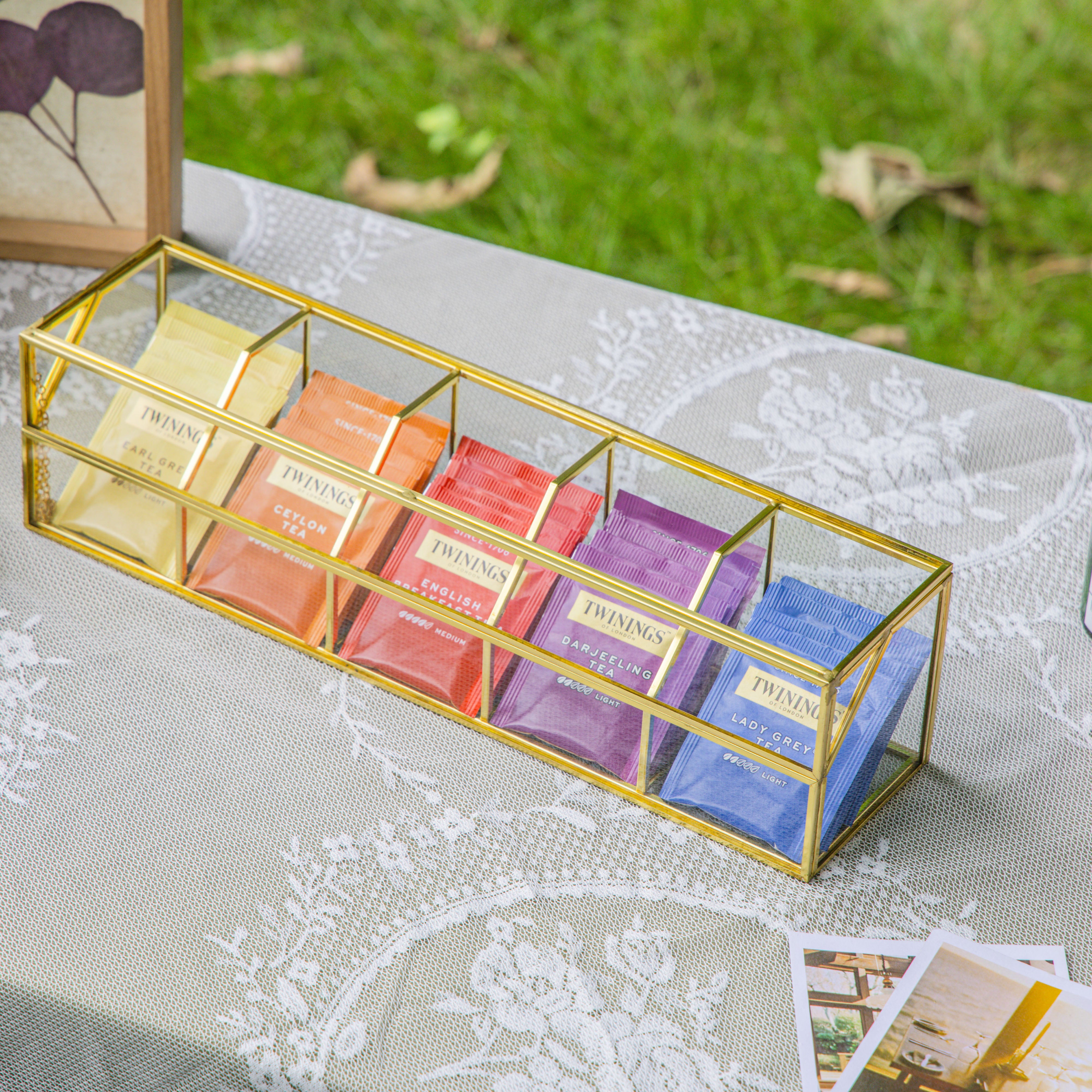 Glass Gold Tea Bag Box, 5 Compartments and Lid Storage Box, Tea Lovers ...