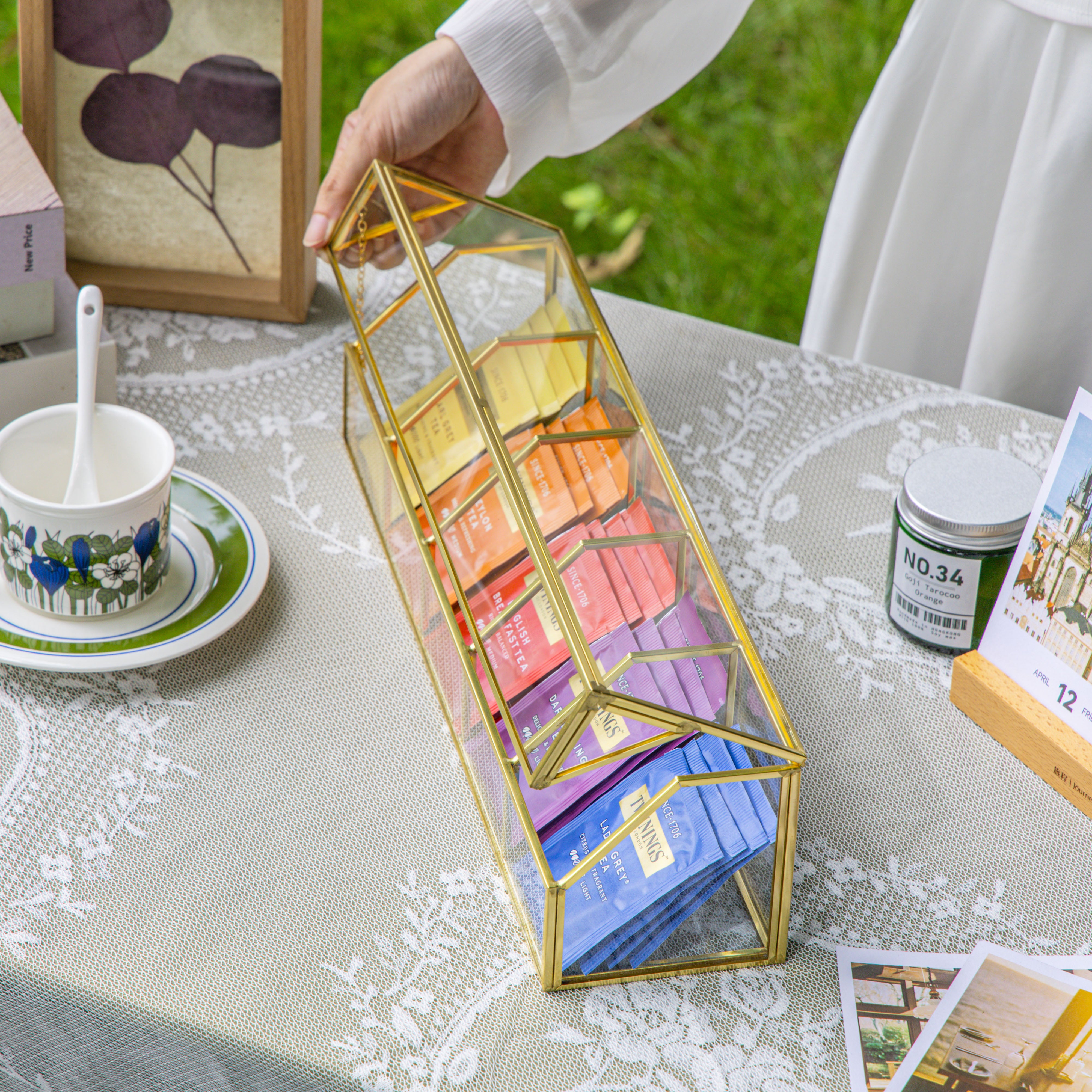 Glass Gold Tea Bag Box, 5 Compartments and Lid Storage Box, Tea Lovers ...
