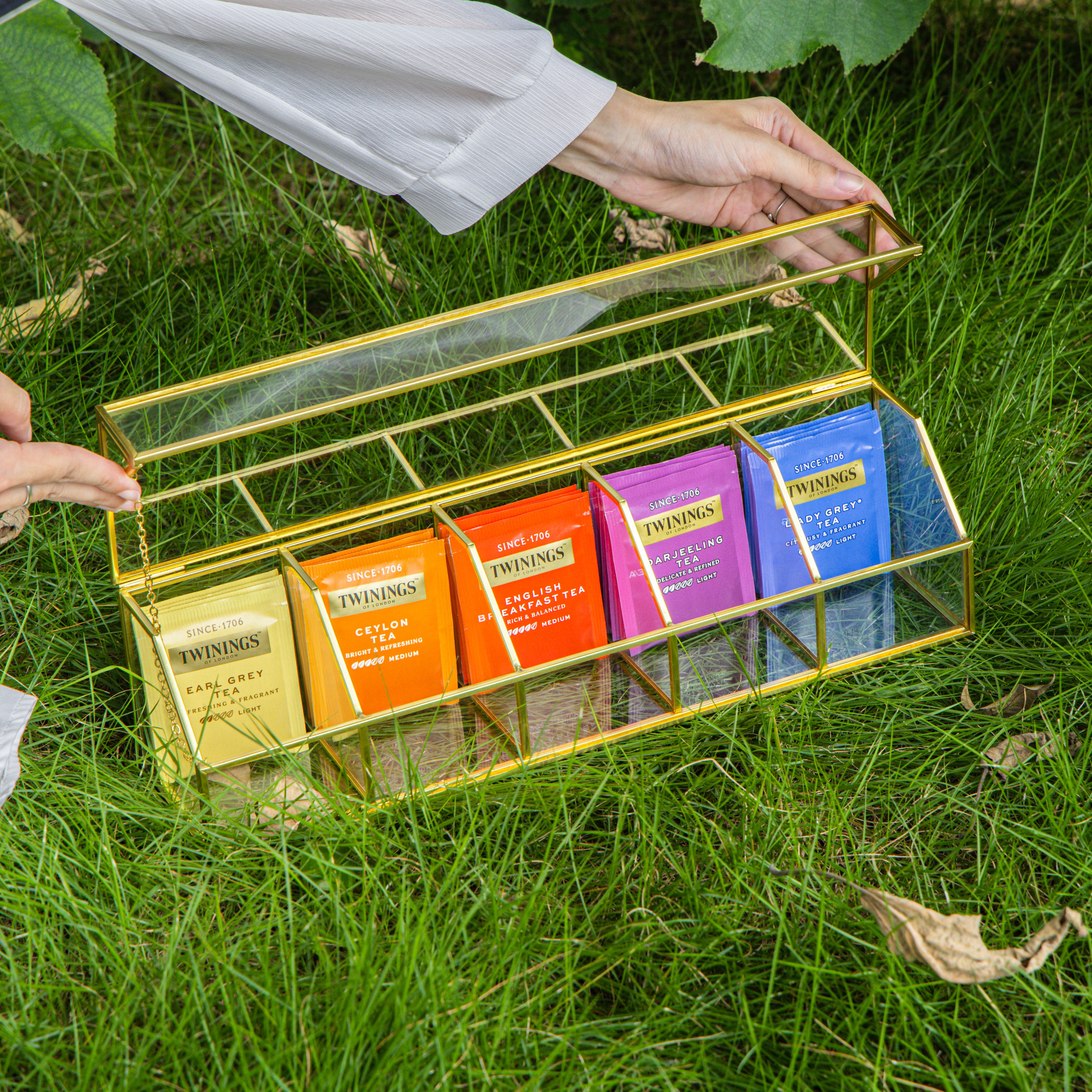 Glass Gold Tea Bag Box, 5 Compartments and Lid Storage Box, Tea Lovers ...