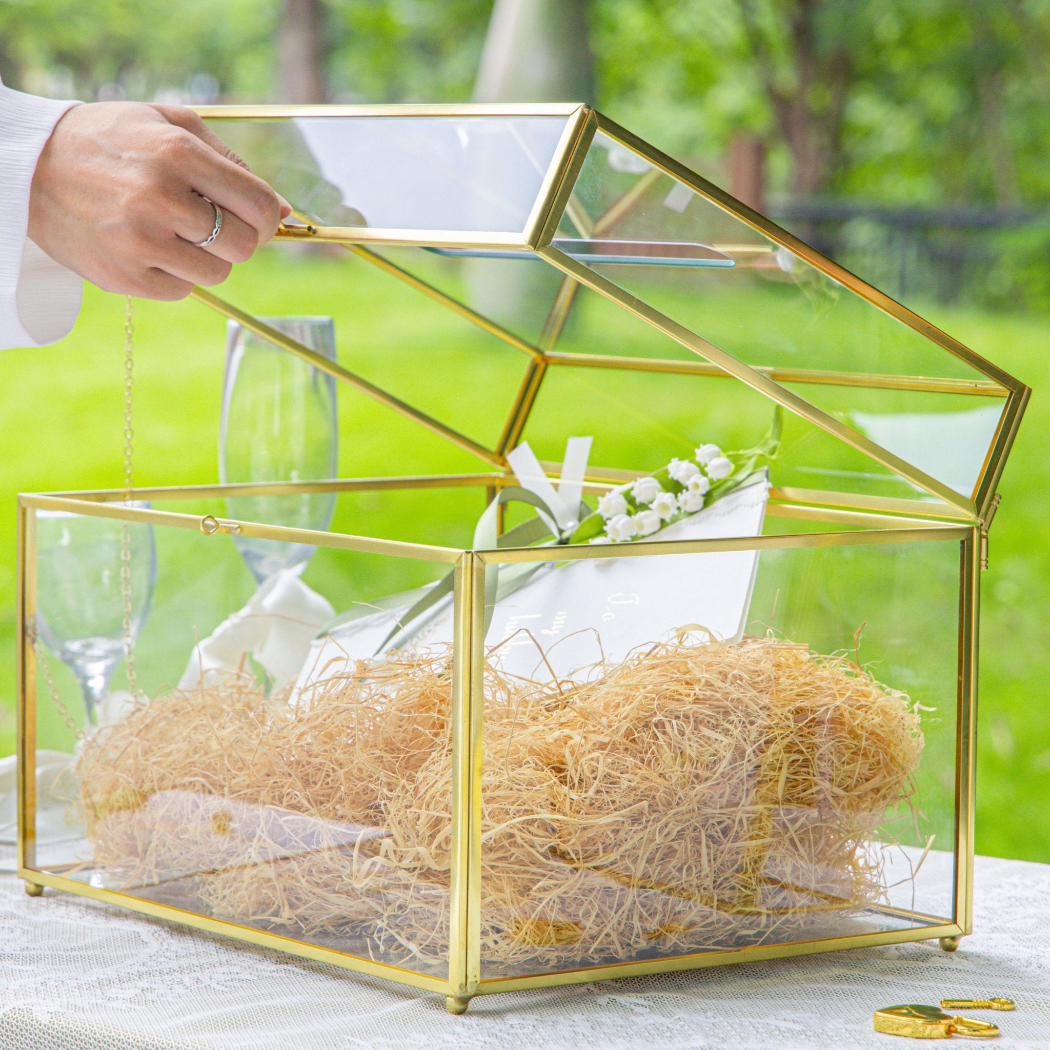 Handmade 12" Large Gold Rectangle Geometric Glass Card Box with Slot L NCYPgarden Handmade 12" Large Gold Rectangle Geometric Glass Card Box with Slot L NCYPgarden