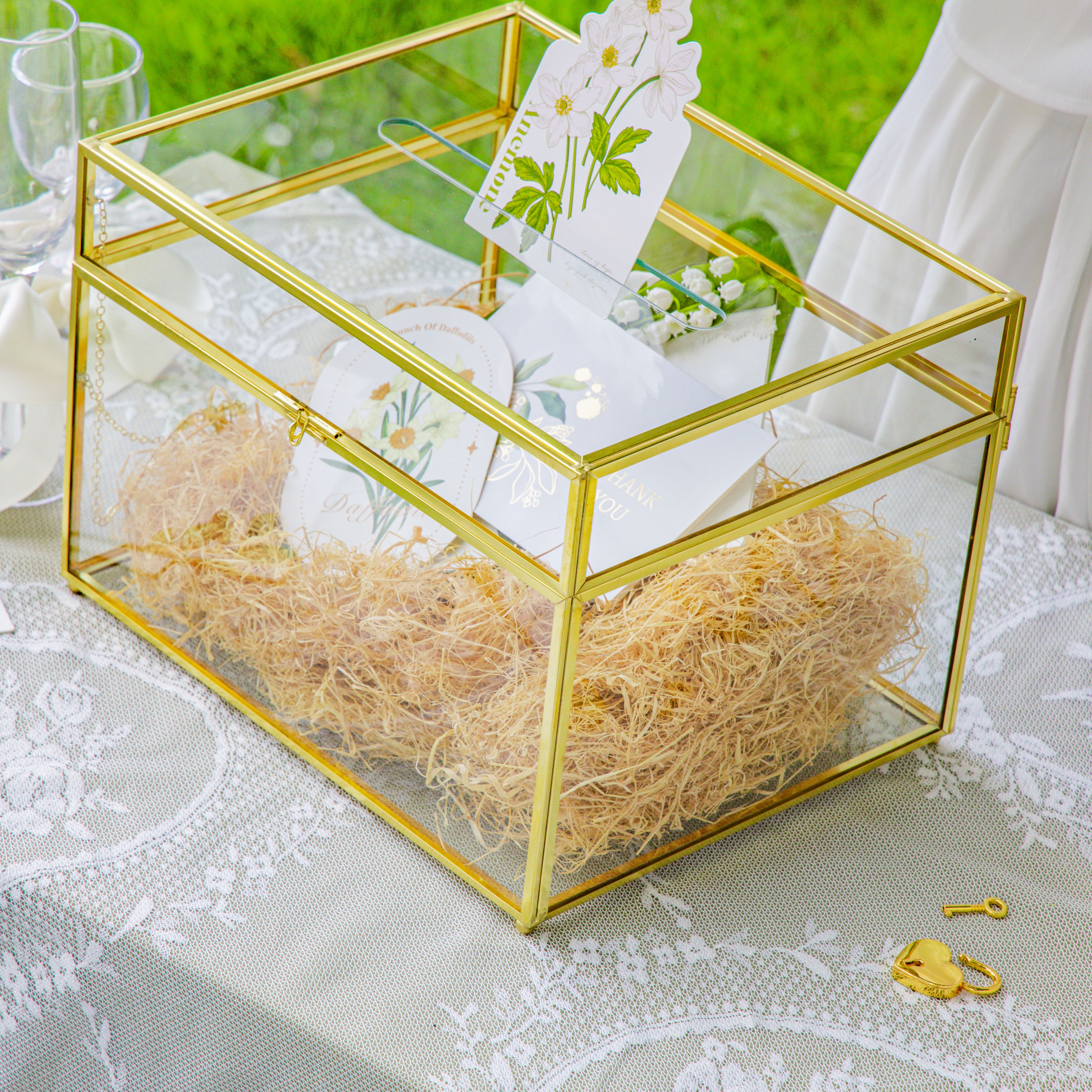 Handmade 12" Large Gold Rectangle Geometric Glass Card Box with Slot Lock for Keepsake, Wedding Reception, Postbox - NCYPgarden