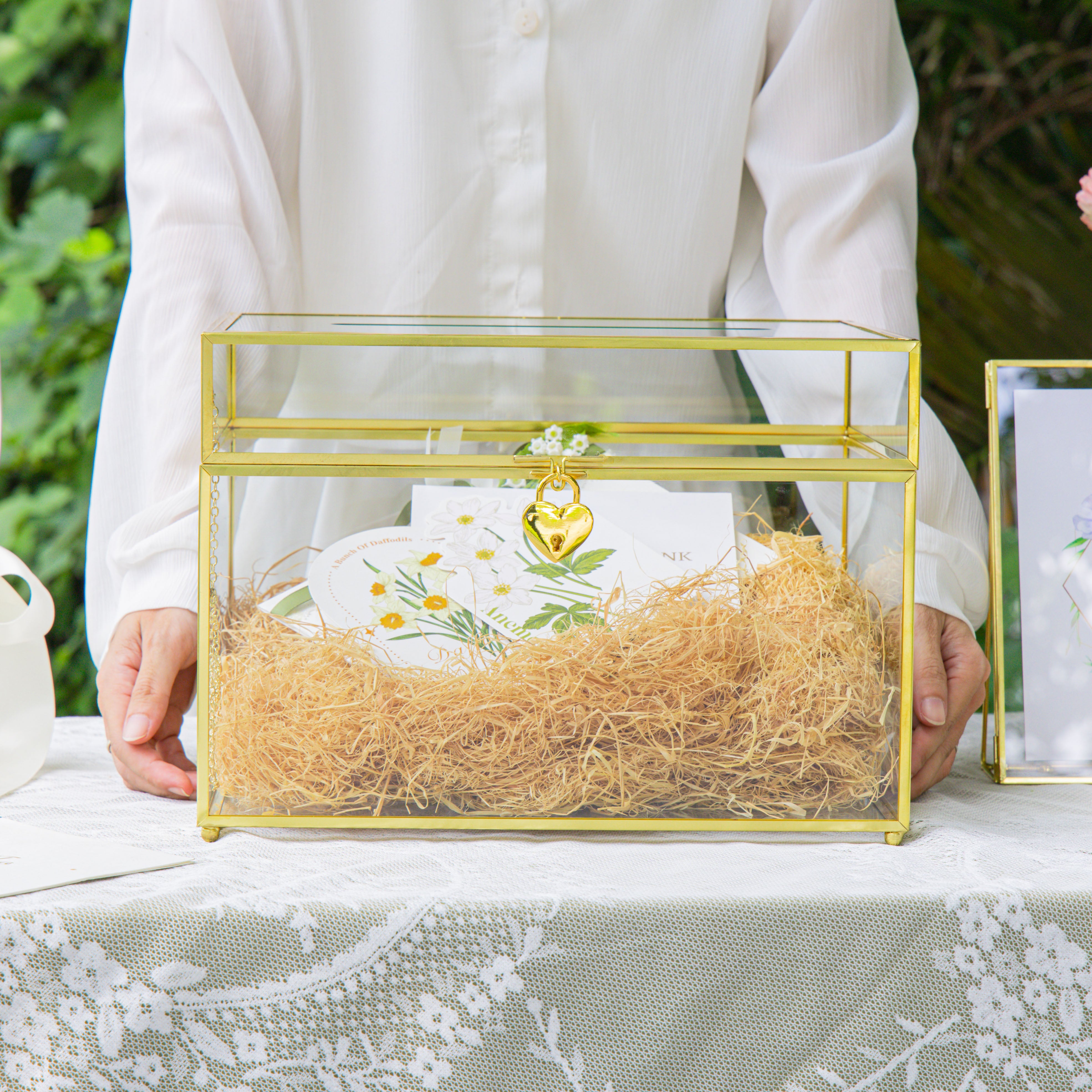 Handmade 12" Large Gold Rectangle Geometric Glass Card Box with Slot Lock for Keepsake, Wedding Reception, Postbox - NCYPgarden