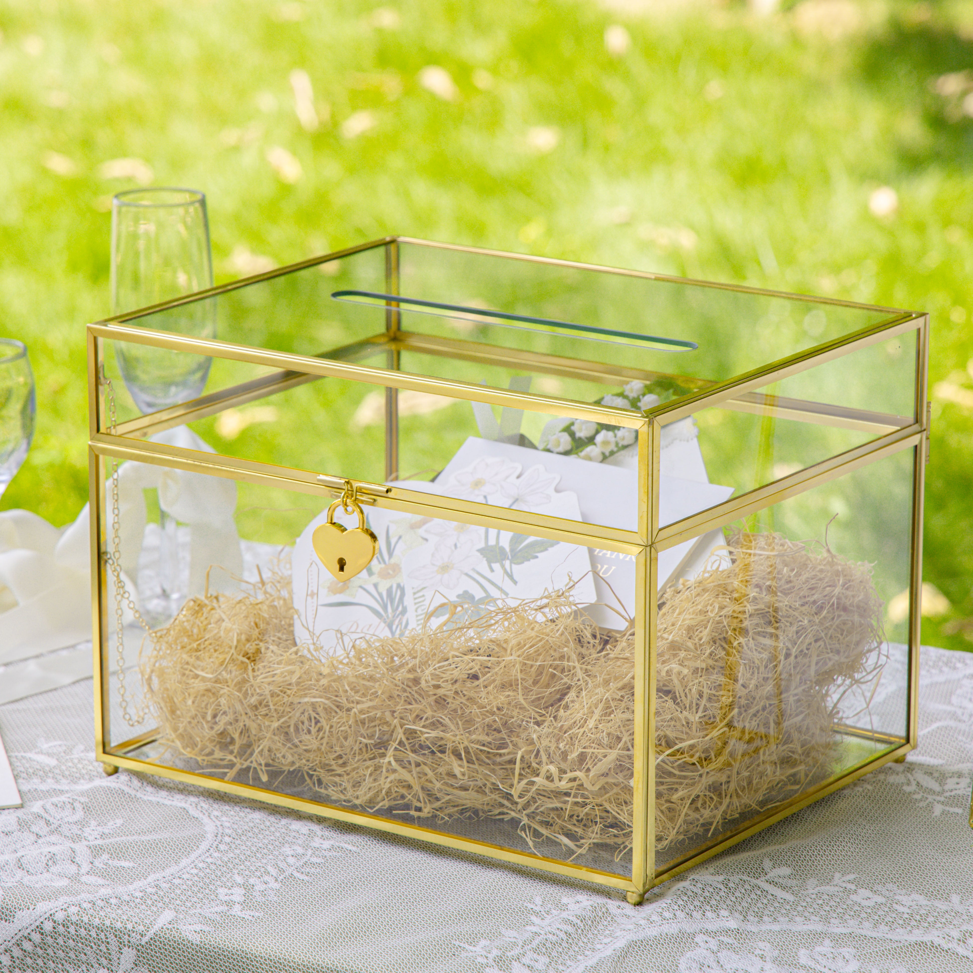Handmade 12" Large Gold Rectangle Geometric Glass Card Box with Slot Lock for Keepsake, Wedding Reception, Postbox - NCYPgarden