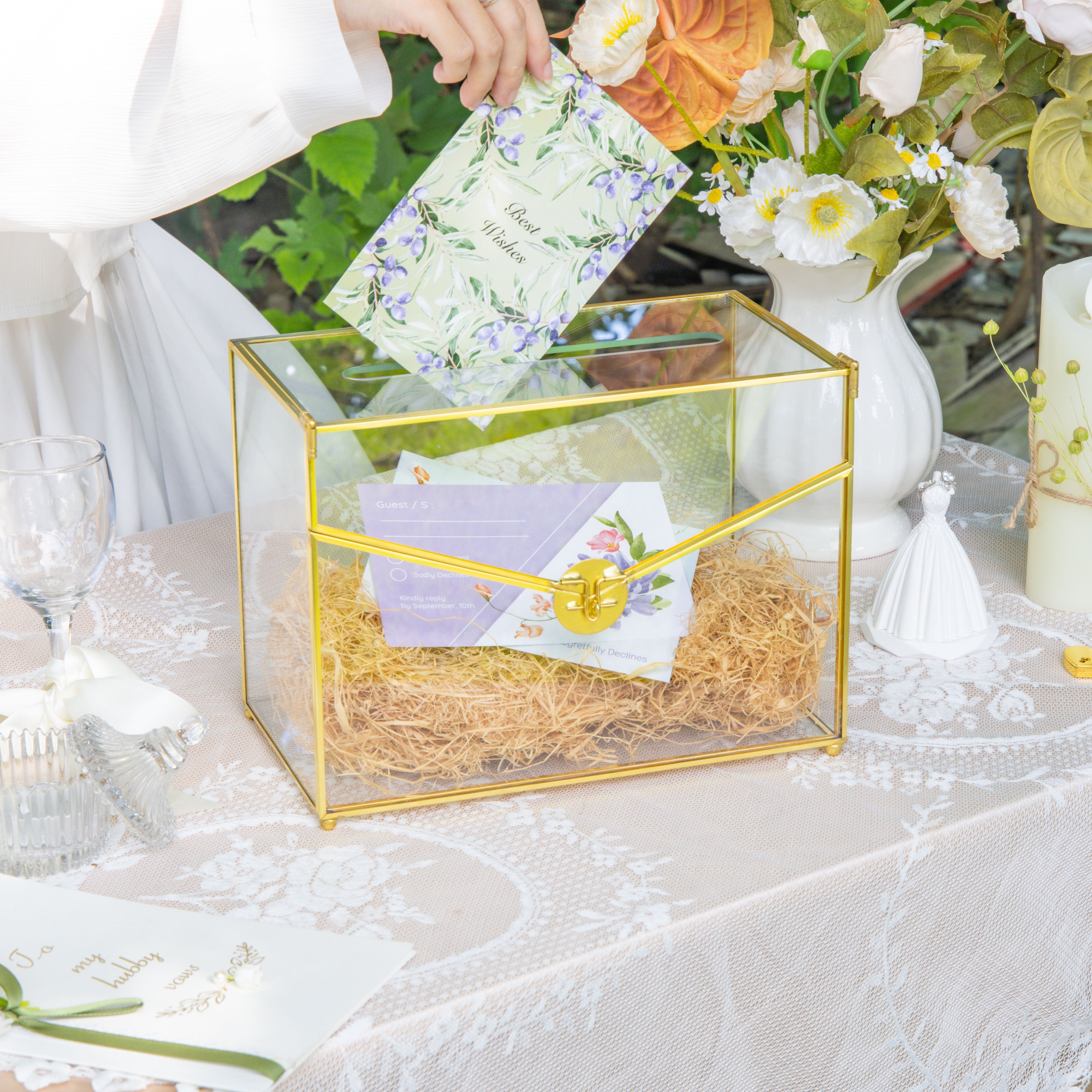 Handmade Envelope Shape Geometric Glass Wedding Card Box Terrarium with Slot, Heart Lock Key - NCYPgarden