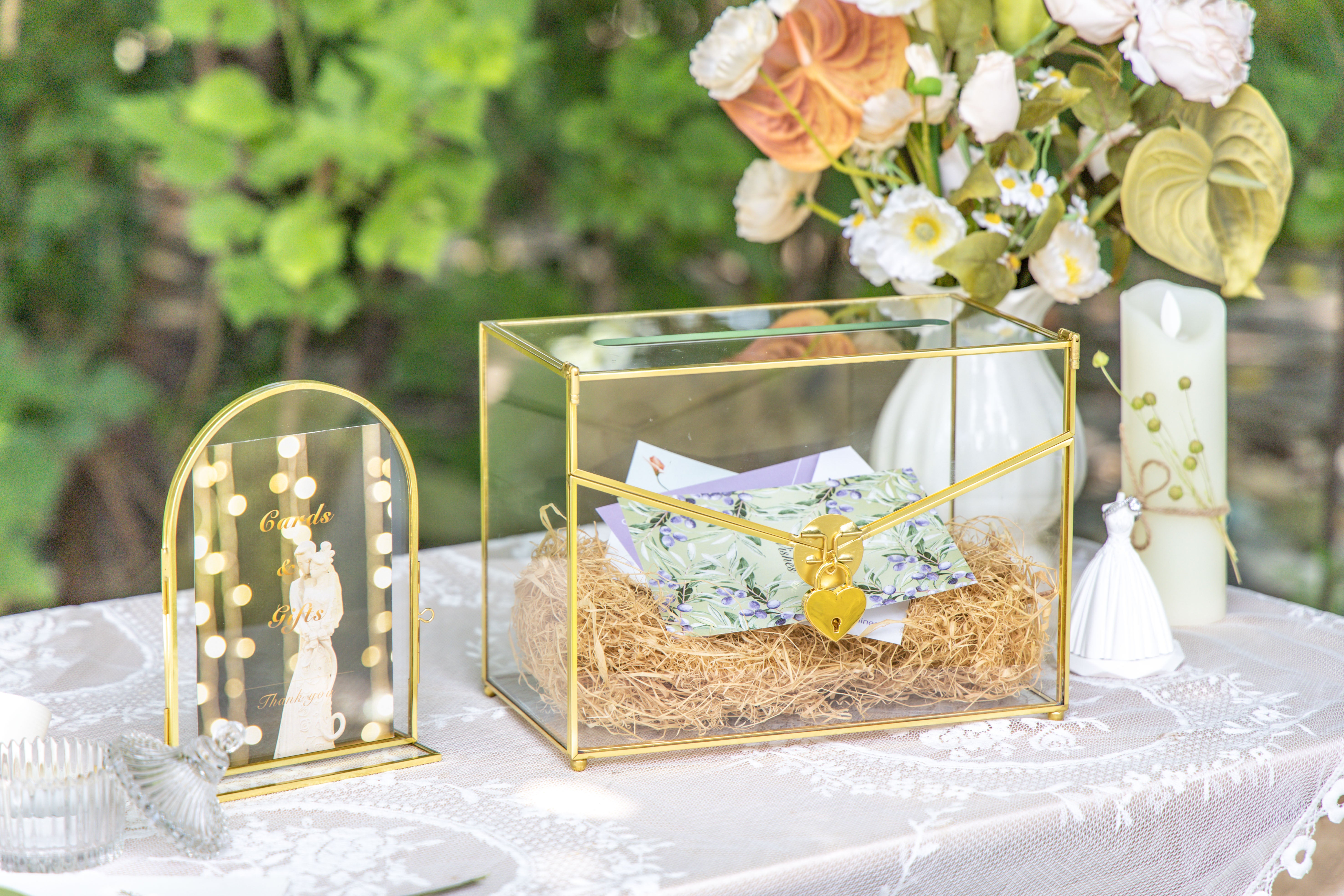Handmade Envelope Shape Geometric Glass Wedding Card Box Terrarium with Slot, Heart Lock Key - NCYPgarden