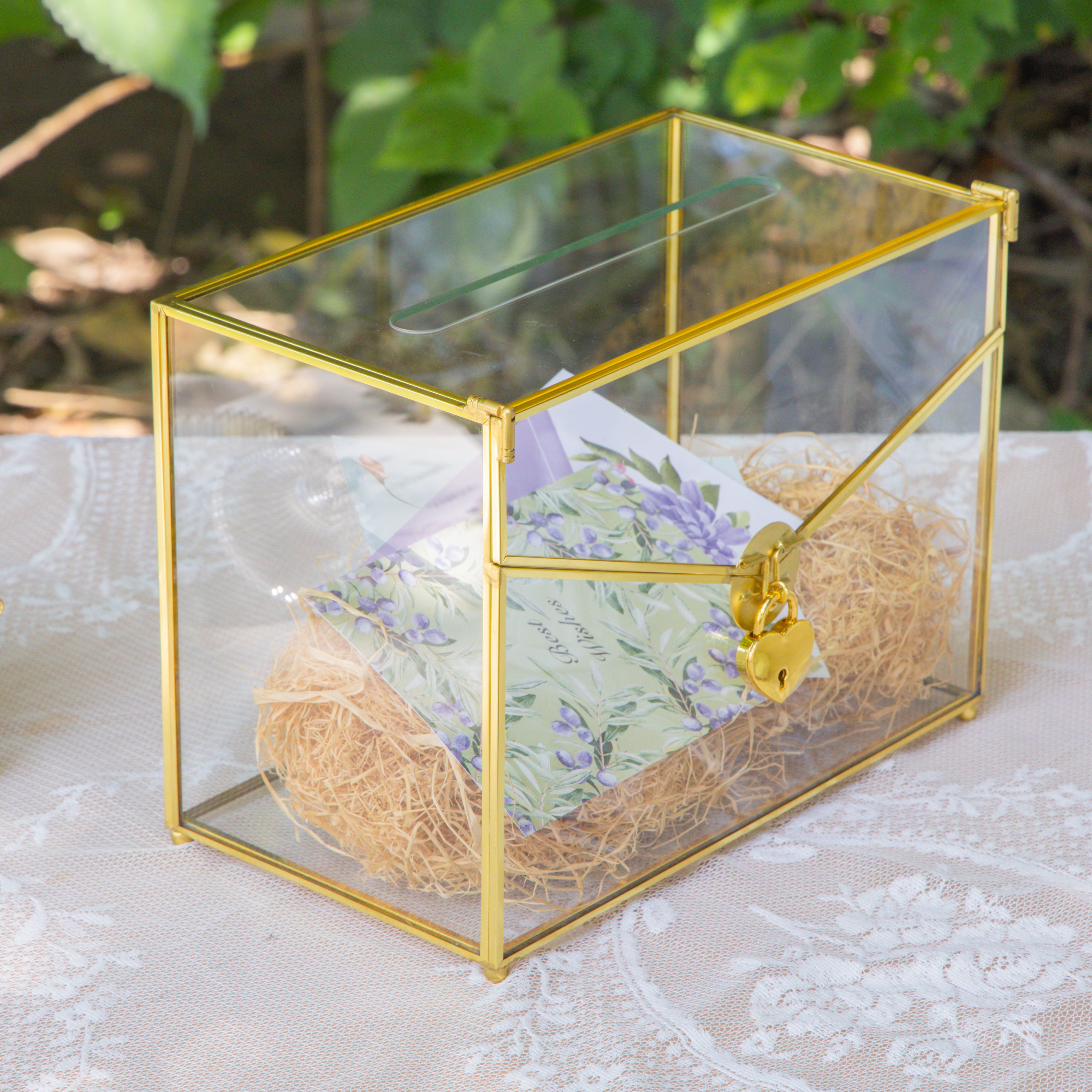 Handmade Envelope Shape Geometric Glass Wedding Card Box Terrarium with Slot, Heart Lock Key - NCYPgarden