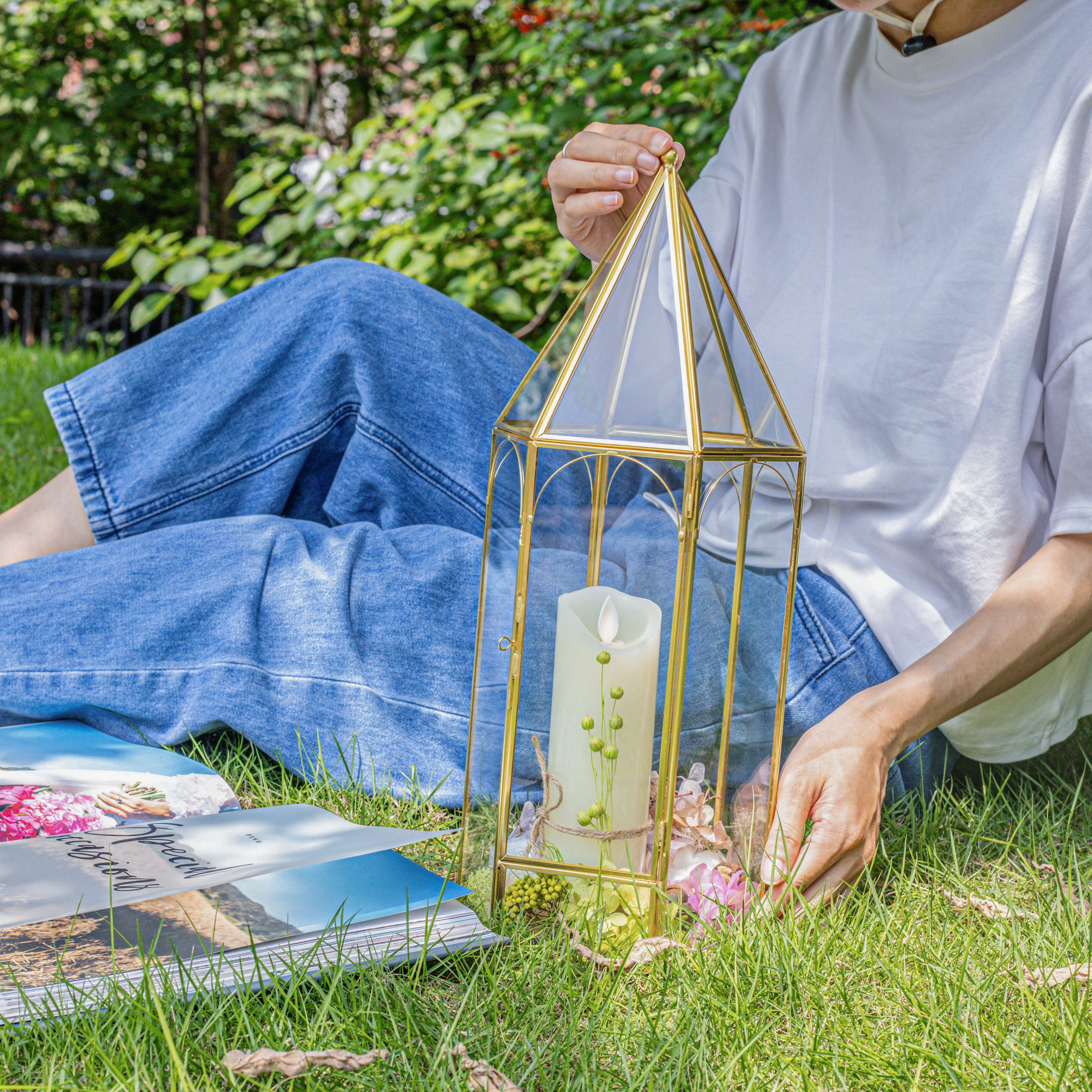 Handmade Gold Tall Tower Terrarium Glass Box for Ribbon Wands, Pens, Cancel Holder for Wedding, Reception, Wishing Well, Bridal Shower - NCYPgarden