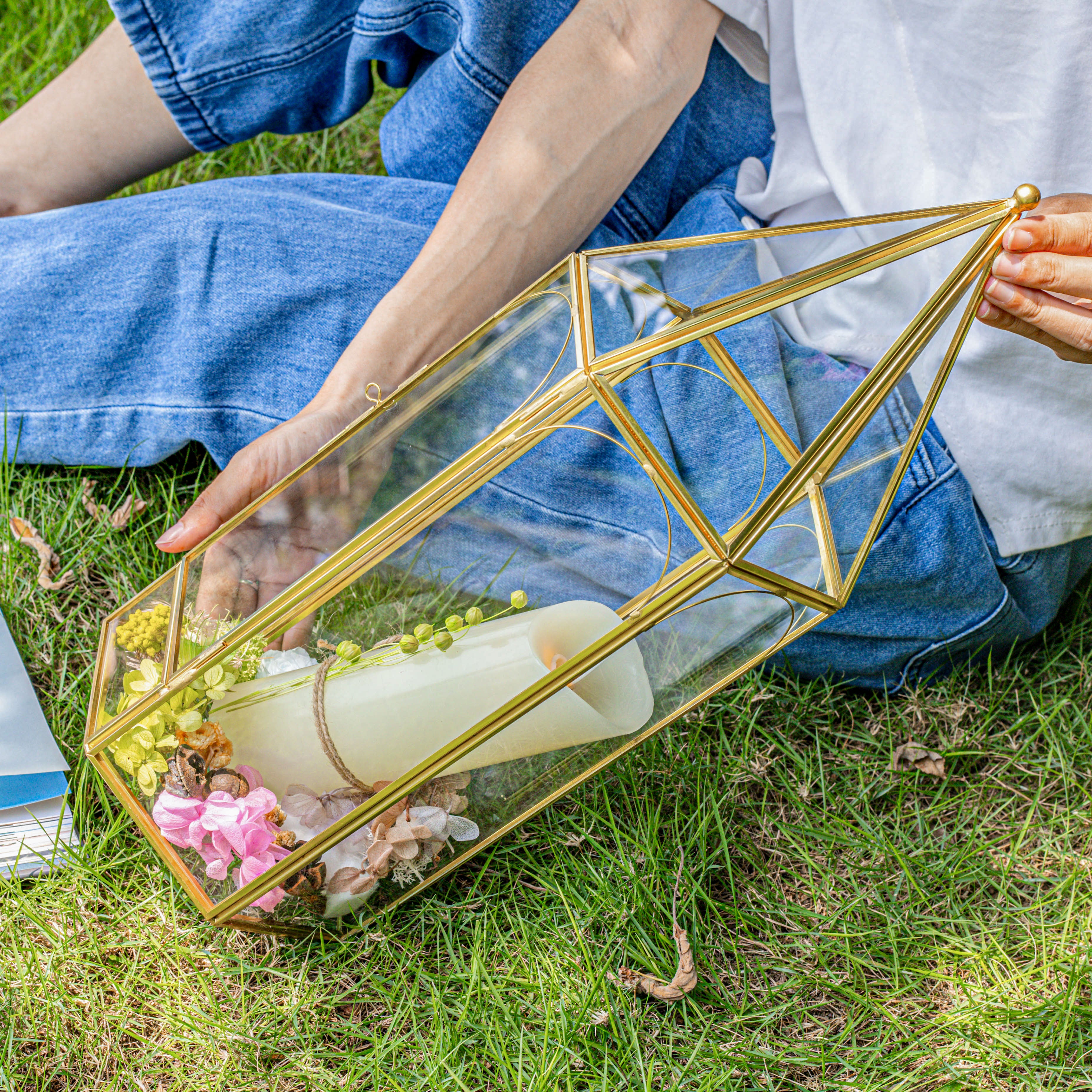 Handmade Gold Tall Tower Terrarium Glass Box for Ribbon Wands, Pens, Cancel Holder for Wedding, Reception, Wishing Well, Bridal Shower - NCYPgarden