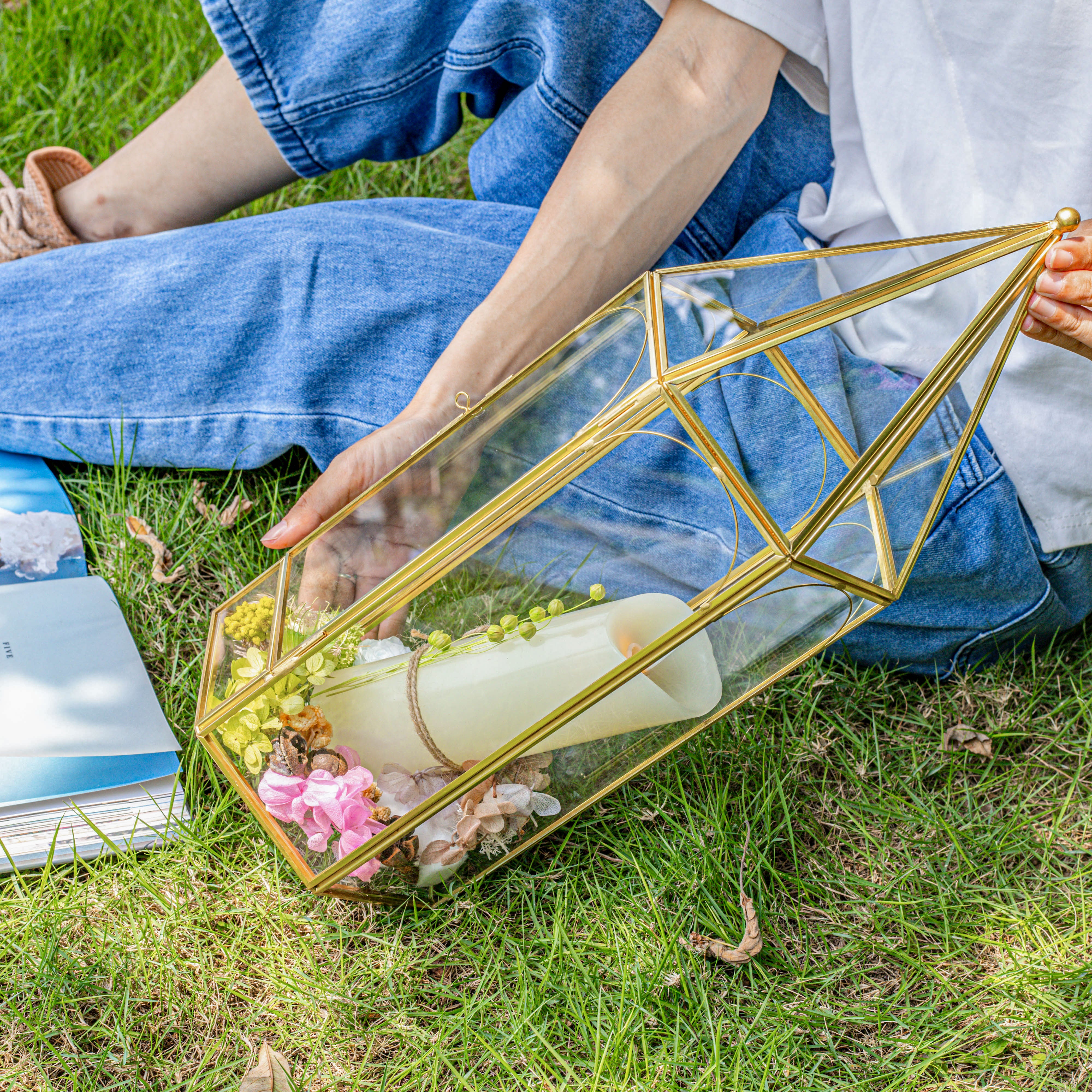 Handmade Gold Tall Tower Terrarium Glass Box for Ribbon Wands, Pens, Cancel Holder for Wedding, Reception, Wishing Well, Bridal Shower - NCYPgarden
