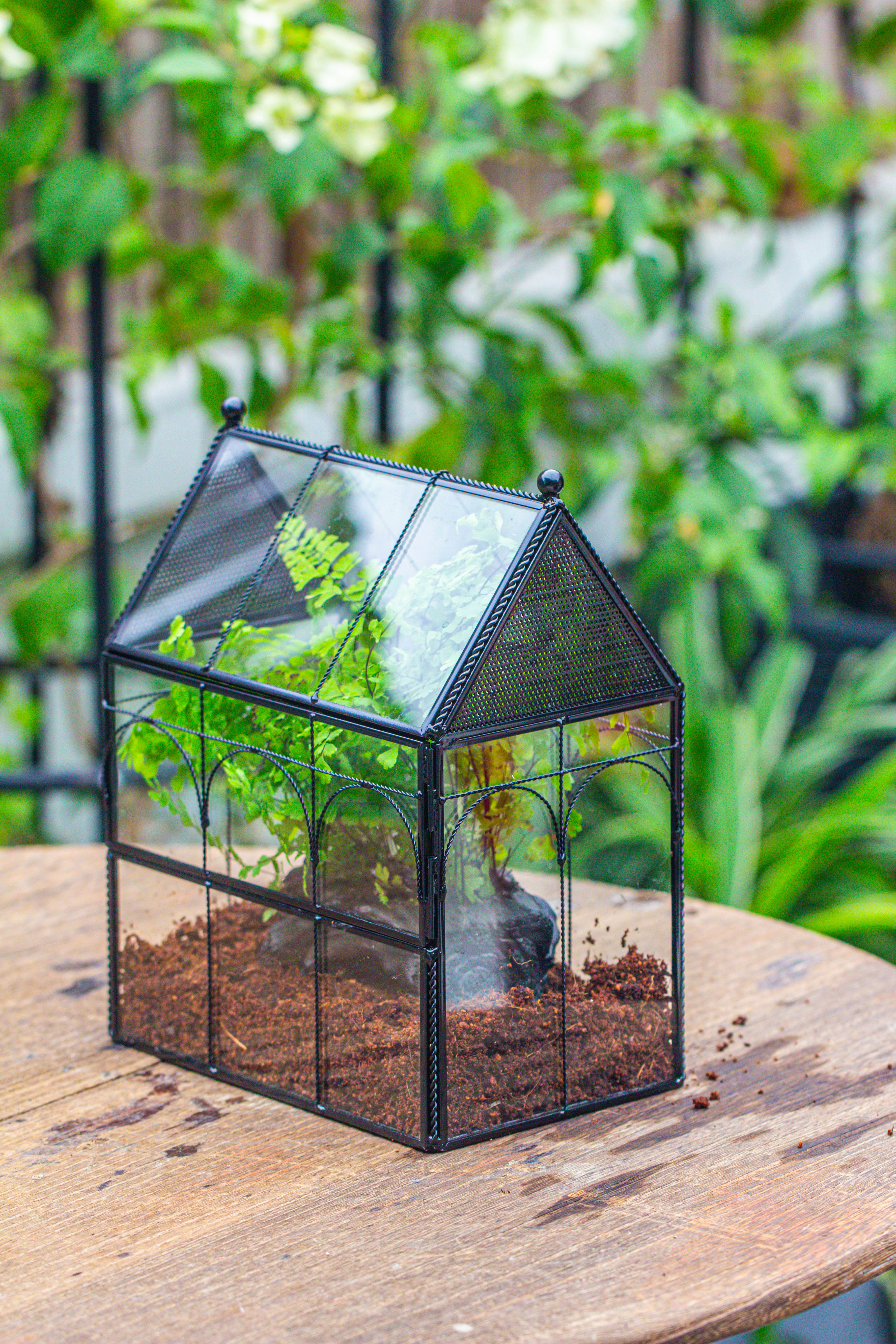Handmade Twisted Wire House Shape Glass Geometric Terrarium with LED Light Set, Snail Jumping Spider Enclosure, Insect Container Set - NCYPgarden