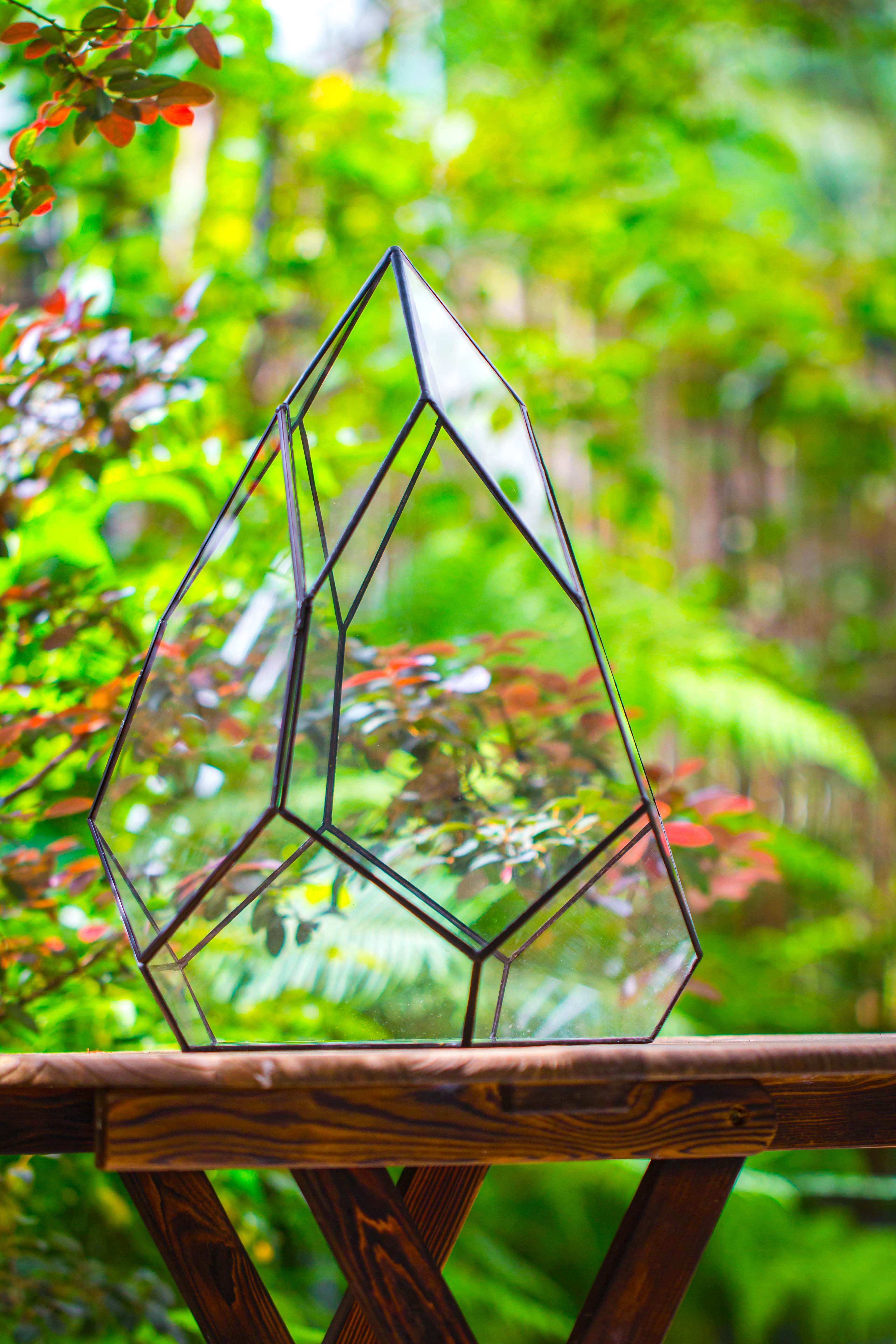 Large 16" tall and wide teardrop tin and glass terrarium, close, with door - NCYPgarden