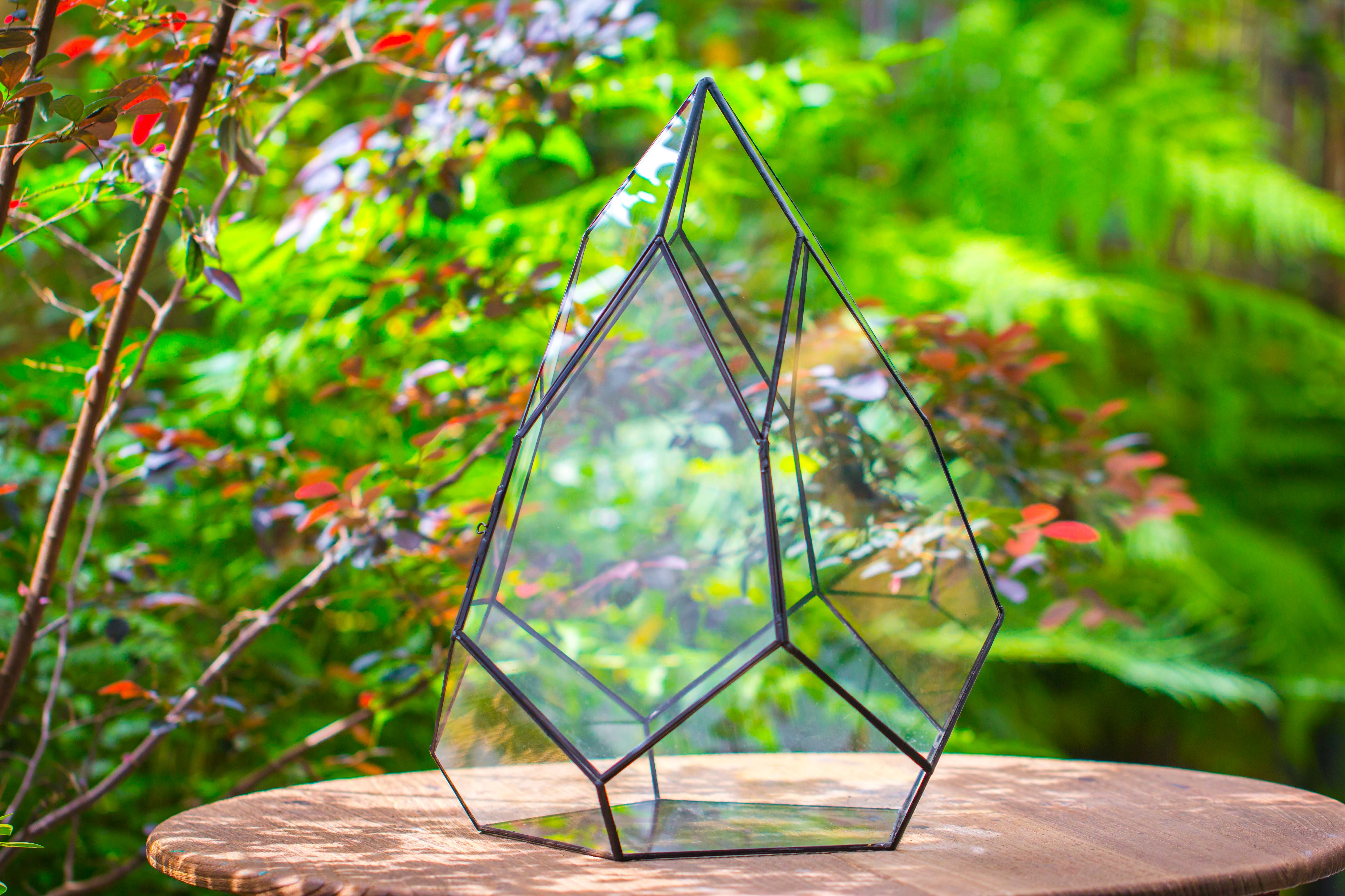 Large 16" tall and wide teardrop tin and glass terrarium, close, with door - NCYPgarden