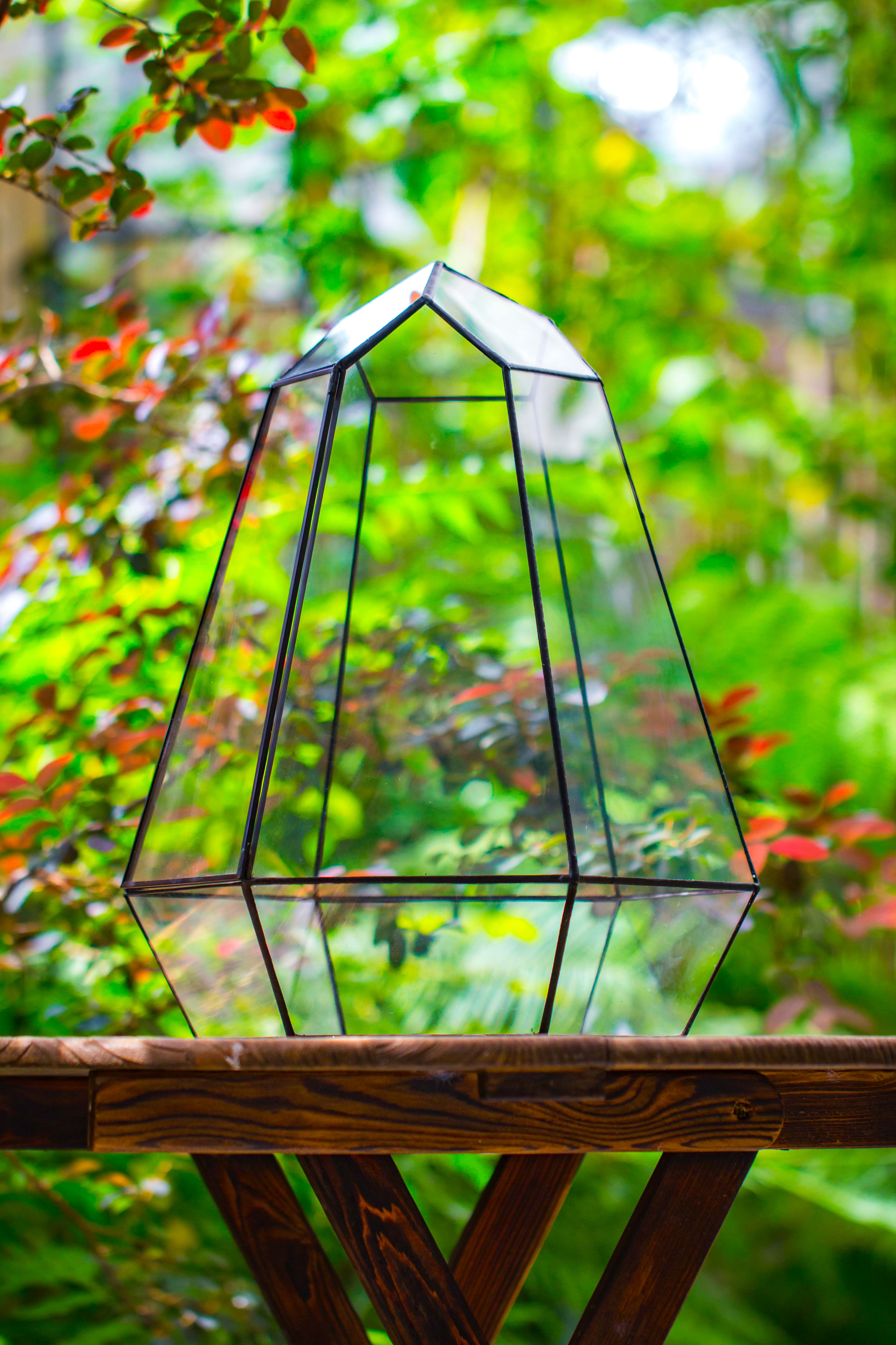 Large 16" tall and wide 6 sided cone tin and glass terrarium, close, with door - NCYPgarden