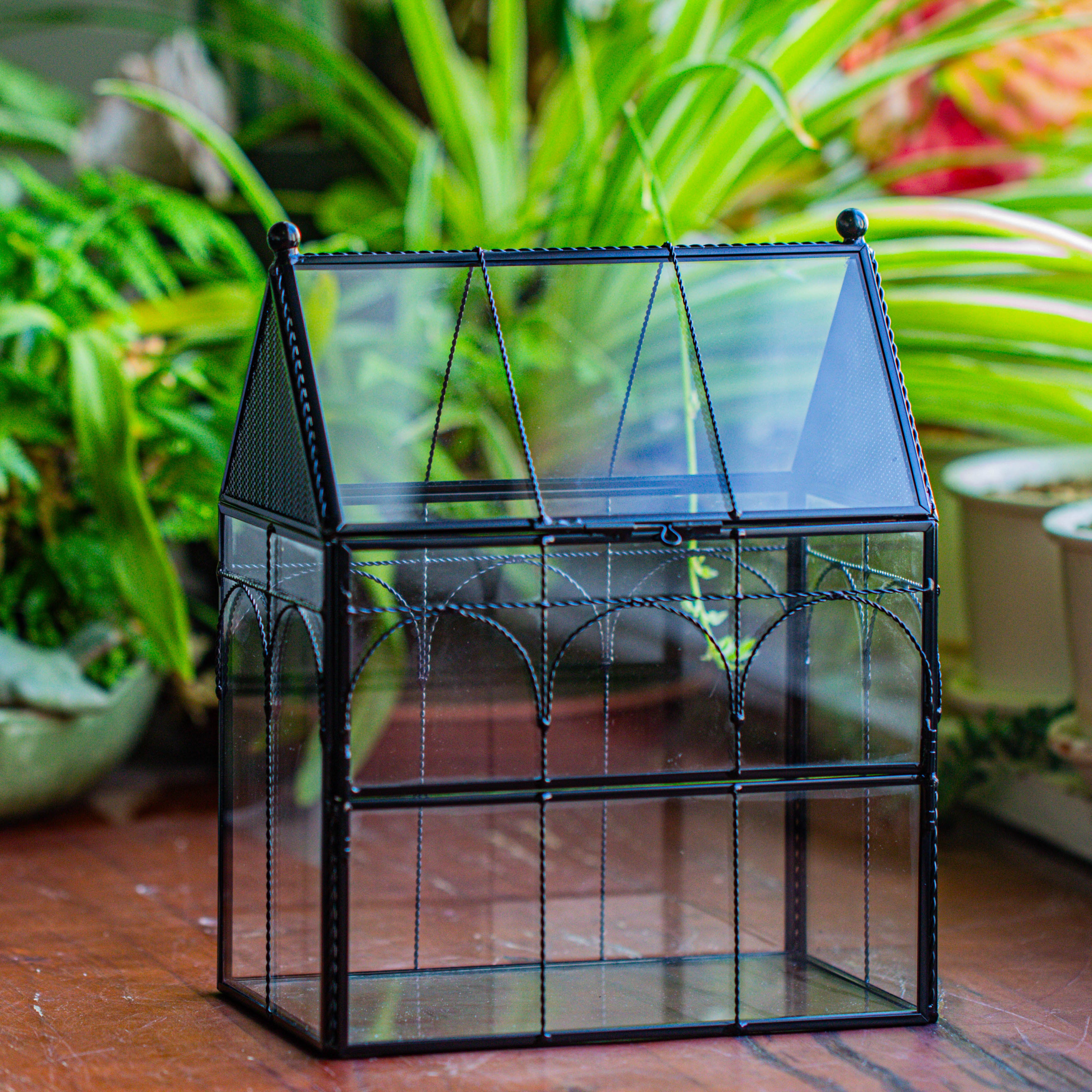 NCYP Vintage House Shape Stainless Steel and Glass Geometric Terrarium, with side door, with Mesh / vent holes for small Insects Pet - NCYPgarden