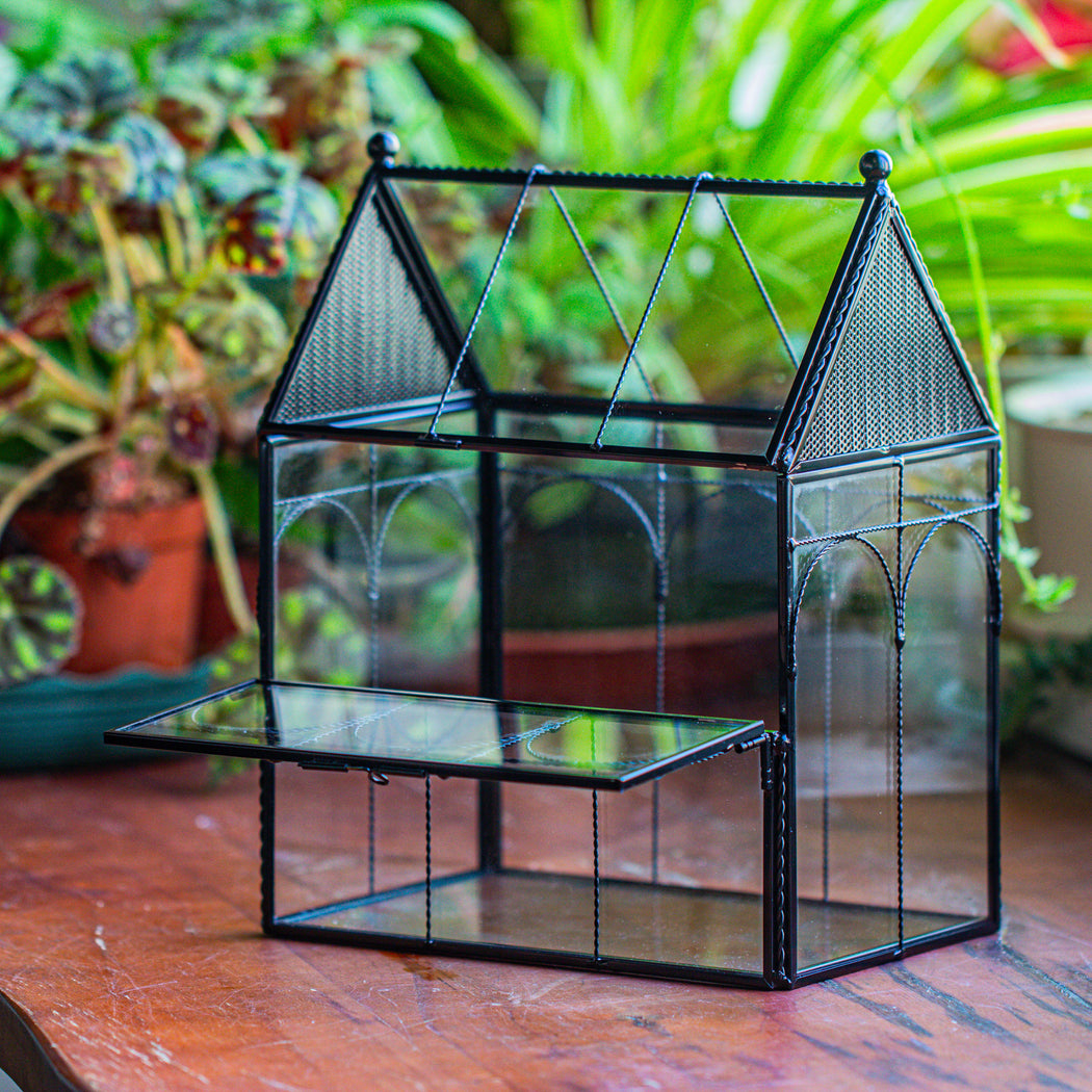 NCYP Vintage House Shape Stainless Steel and Glass Geometric Terrarium, with side door, with Mesh / vent holes for small Insects Pet - NCYPgarden
