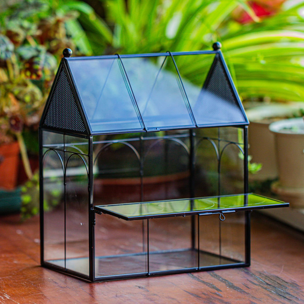 NCYP Vintage House Shape Stainless Steel and Glass Geometric Terrarium building set, with side door, with Mesh / vent holes for small Insects Pet - NCYPgarden