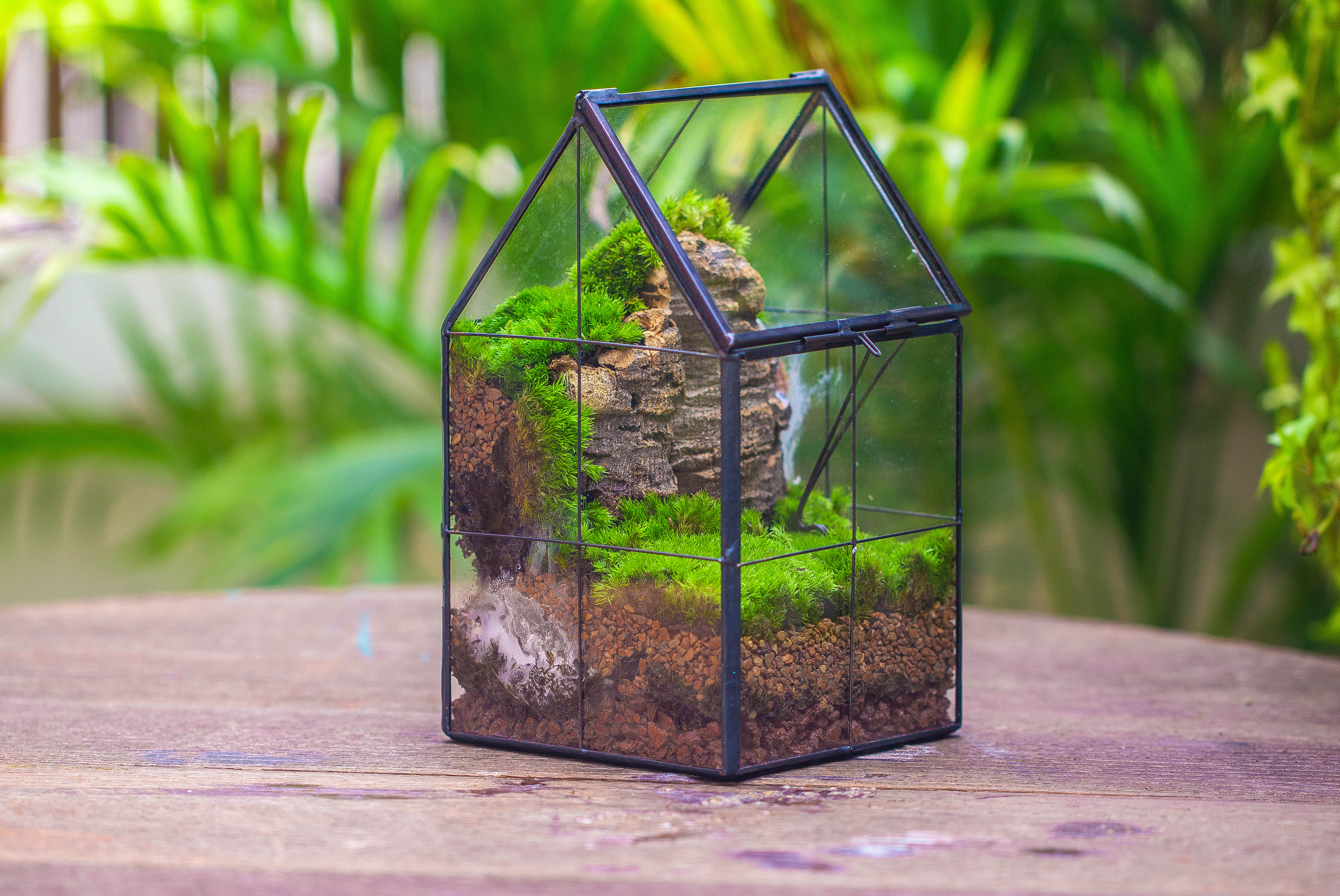 Handmade glass and tin close highe mini house shape close geometric terrarium for moss, succulents, Drosera - NCYPgarden
