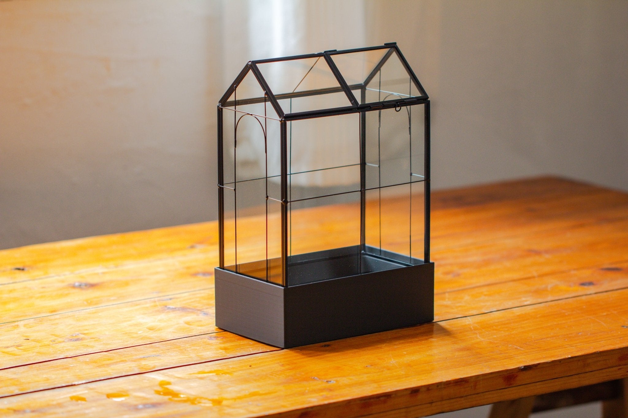 11" Tall Vintage Greenhouse Glass Terrarium with Water - Holding Base and Top Door - NCYPgarden