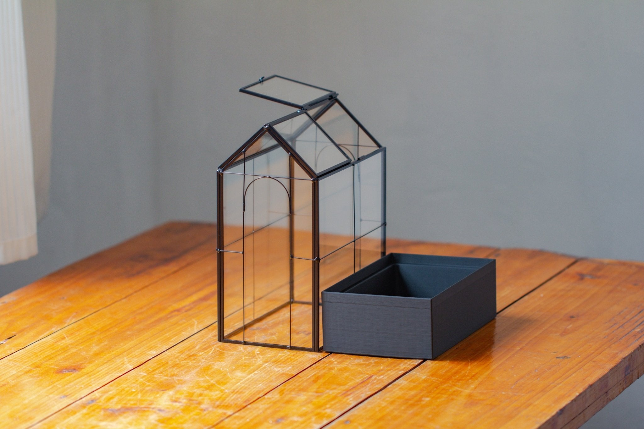 11" Tall Vintage Greenhouse Glass Terrarium with Water - Holding Base and Top Door - NCYPgarden