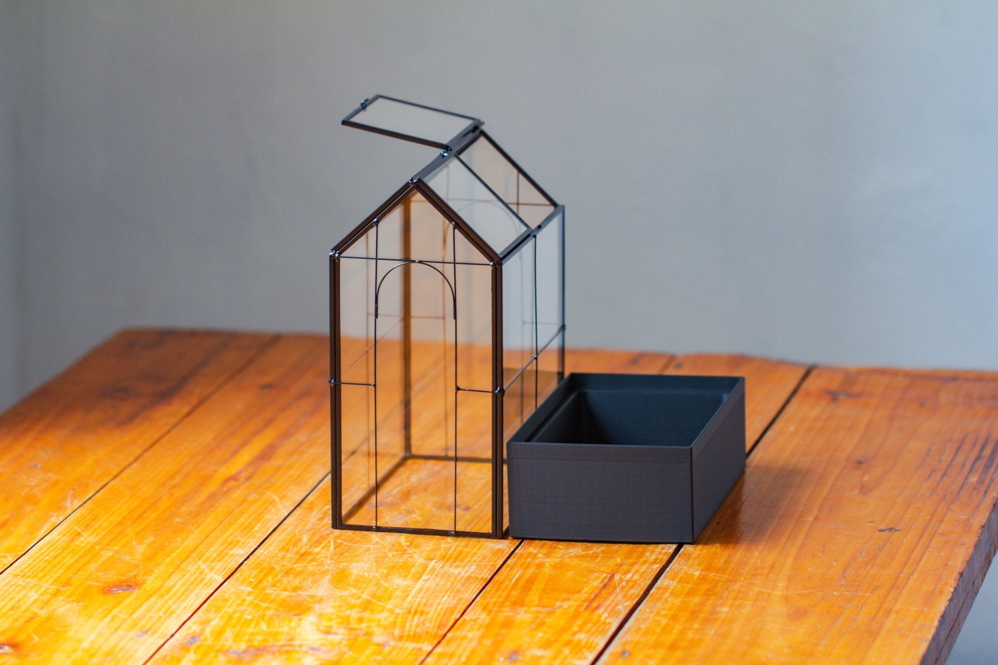 11" Tall Vintage Greenhouse Glass Terrarium with Water - Holding Base and Top Door - NCYPgarden